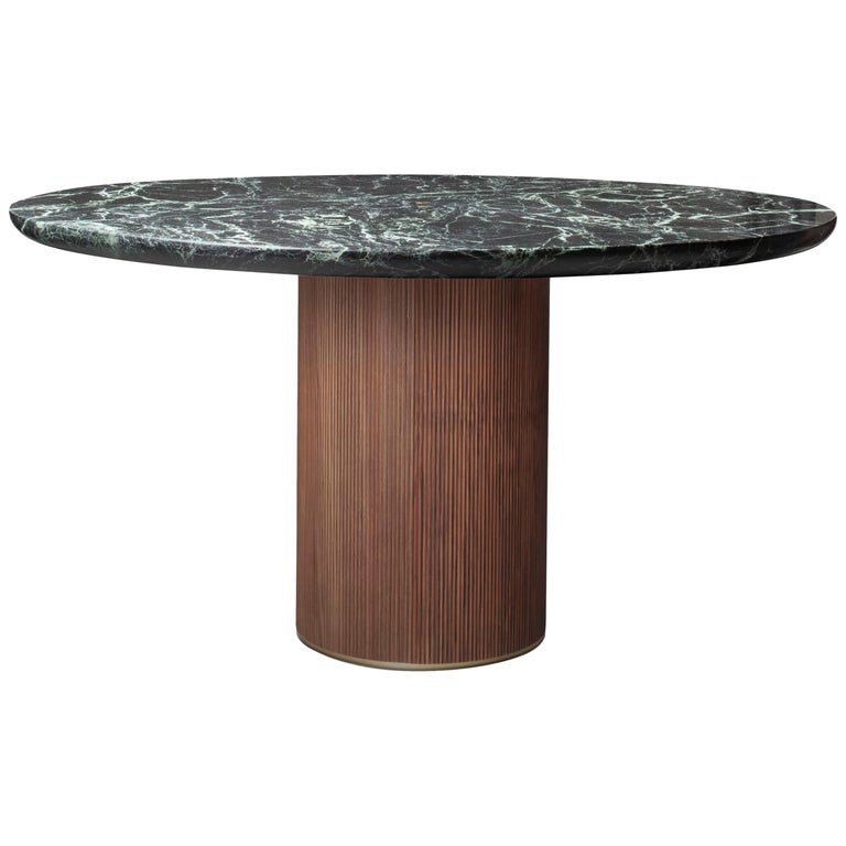 Contemporary QD05 Dining Table with Green Marble Top Walnut Base and Brass For Sale