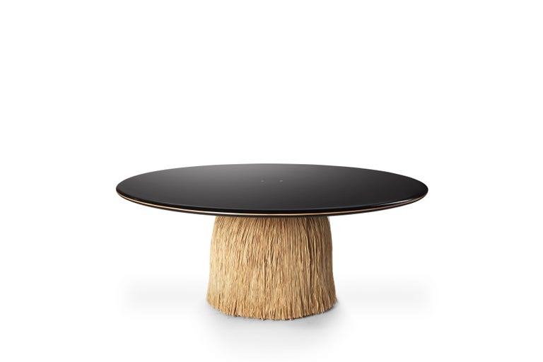 Modern Contemporary QD16 Dining Table with Lacquered Wood, Raffia and Brass Details