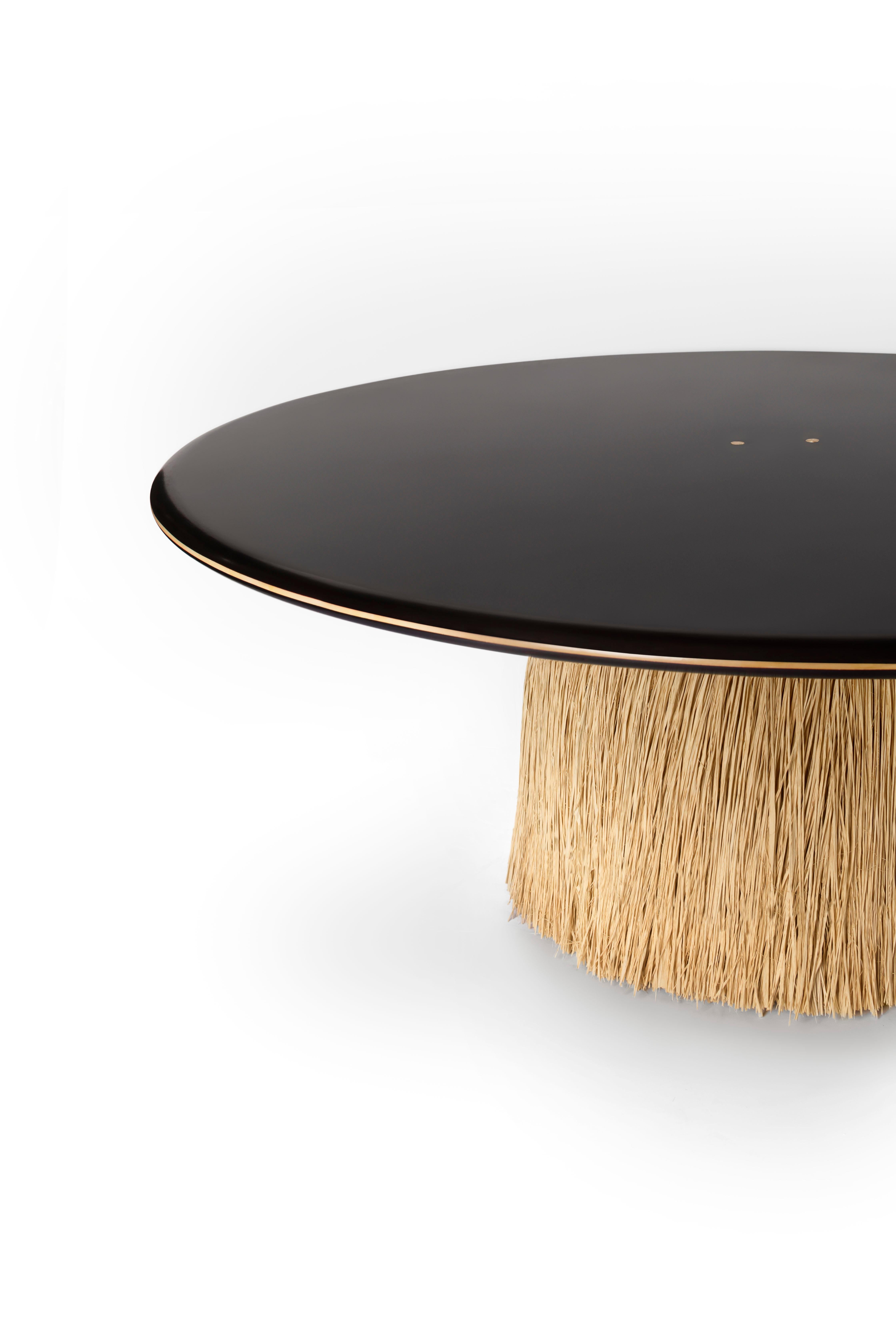 Modern Contemporary QD16 Dining Table with Lacquered Wood, Raffia and Brass Details