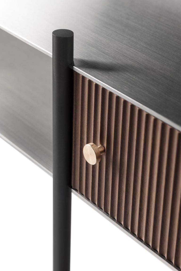Modern Contemporary QD18 Console with Brushed Steel, Bronzed Metal and Wood drawer For Sale