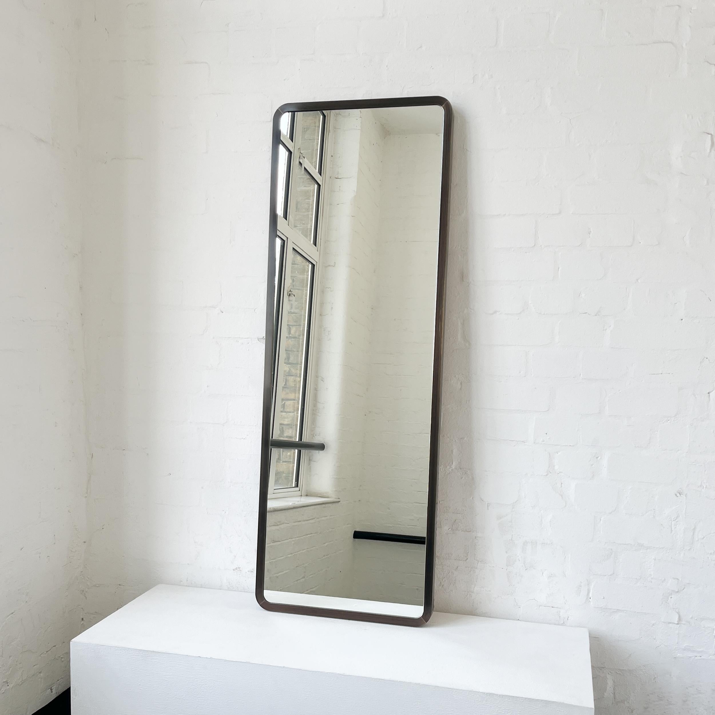 Modern Contemporary Quadris Long Rectangular Wall Mirror with Bronze Patina Frame For Sale