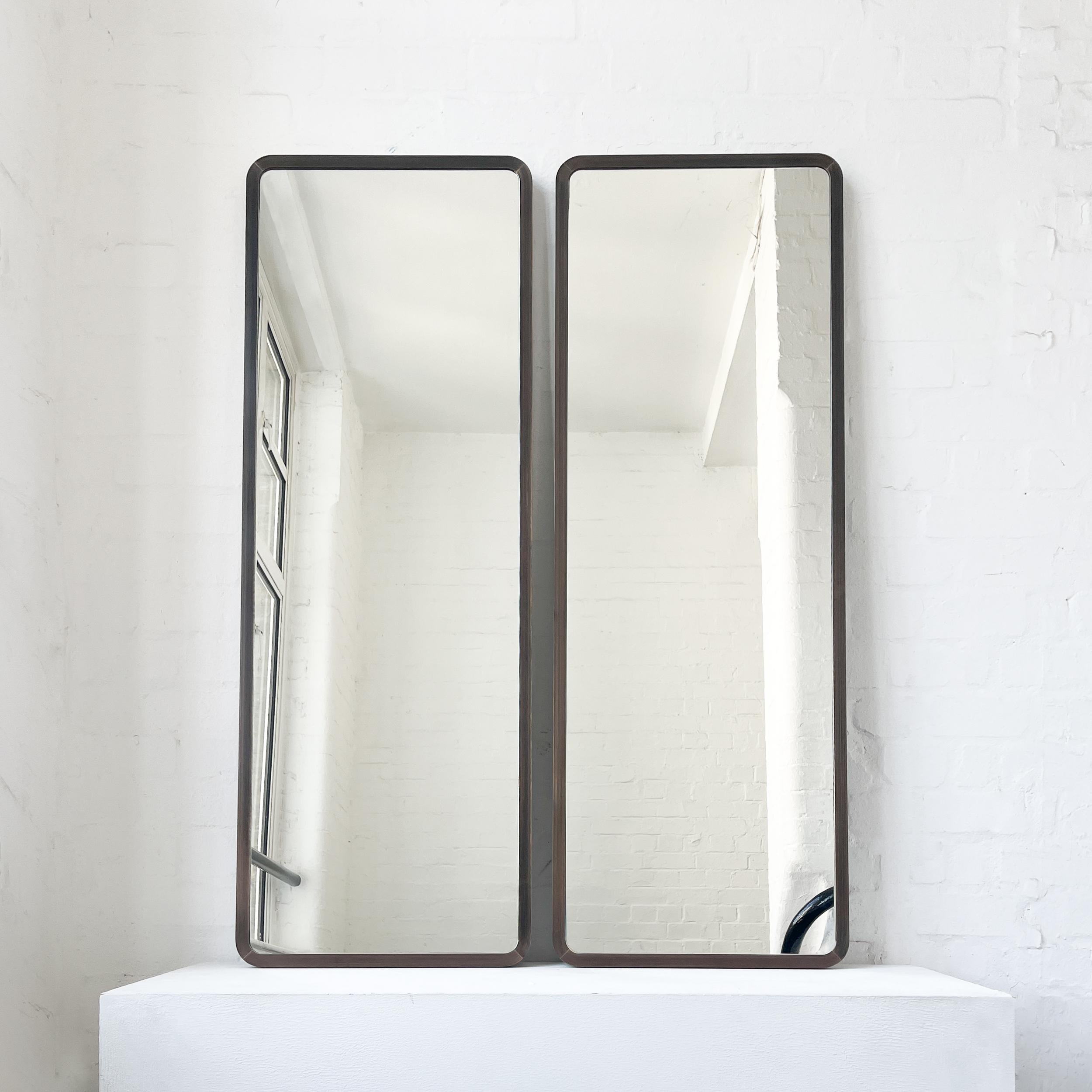 Brass Contemporary Quadris Long Rectangular Wall Mirror with Bronze Patina Frame For Sale