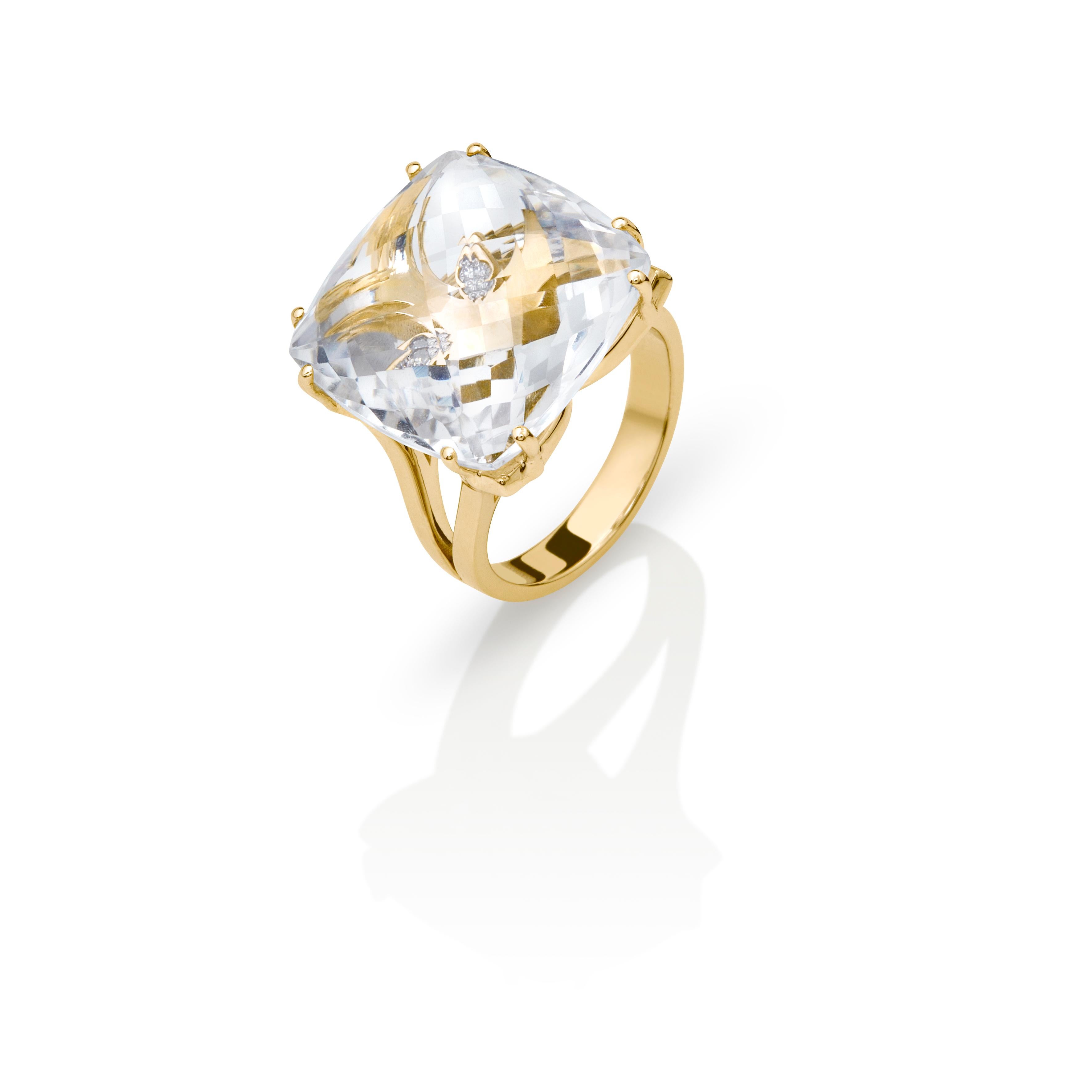 Contemporary Quartz 19.00 Ct & Diamonds 18kt Yellow Gold Ring Chakral Activator In New Condition For Sale In Athens, GR