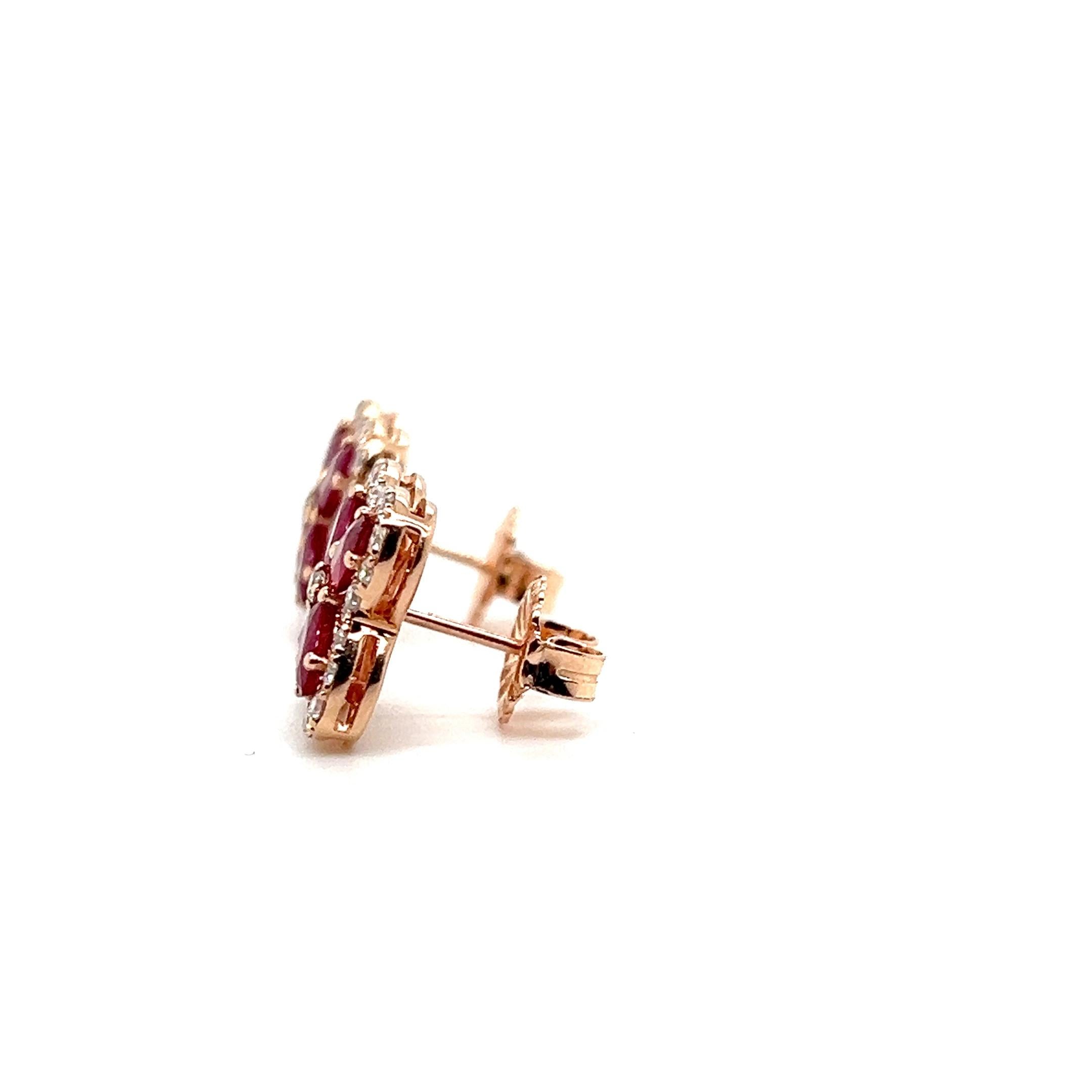 da uomo o donna Orecchini contemporanei con rubino e diamanti in oro rosa 14k a forma di quatrefoil da 2,32tcw in vendita