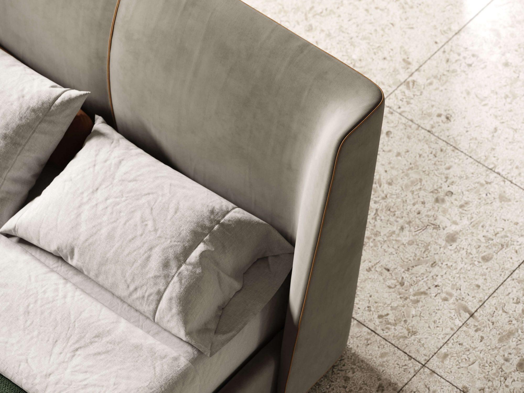 Contemporary American Queen Bed Fully Upholstered in Velvet with Piping For Sale