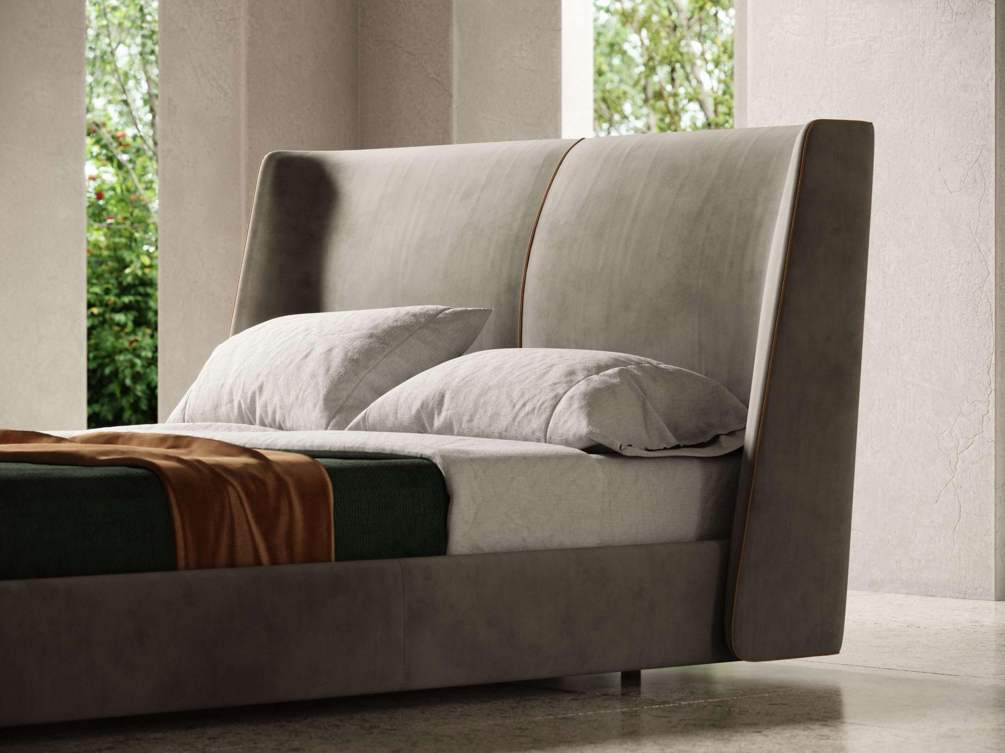Modern American Queen Bed Fully Upholstered in Velvet with Piping For Sale