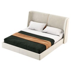 Contemporary Queen Bed Fully Upholstered in Velvet with Piping