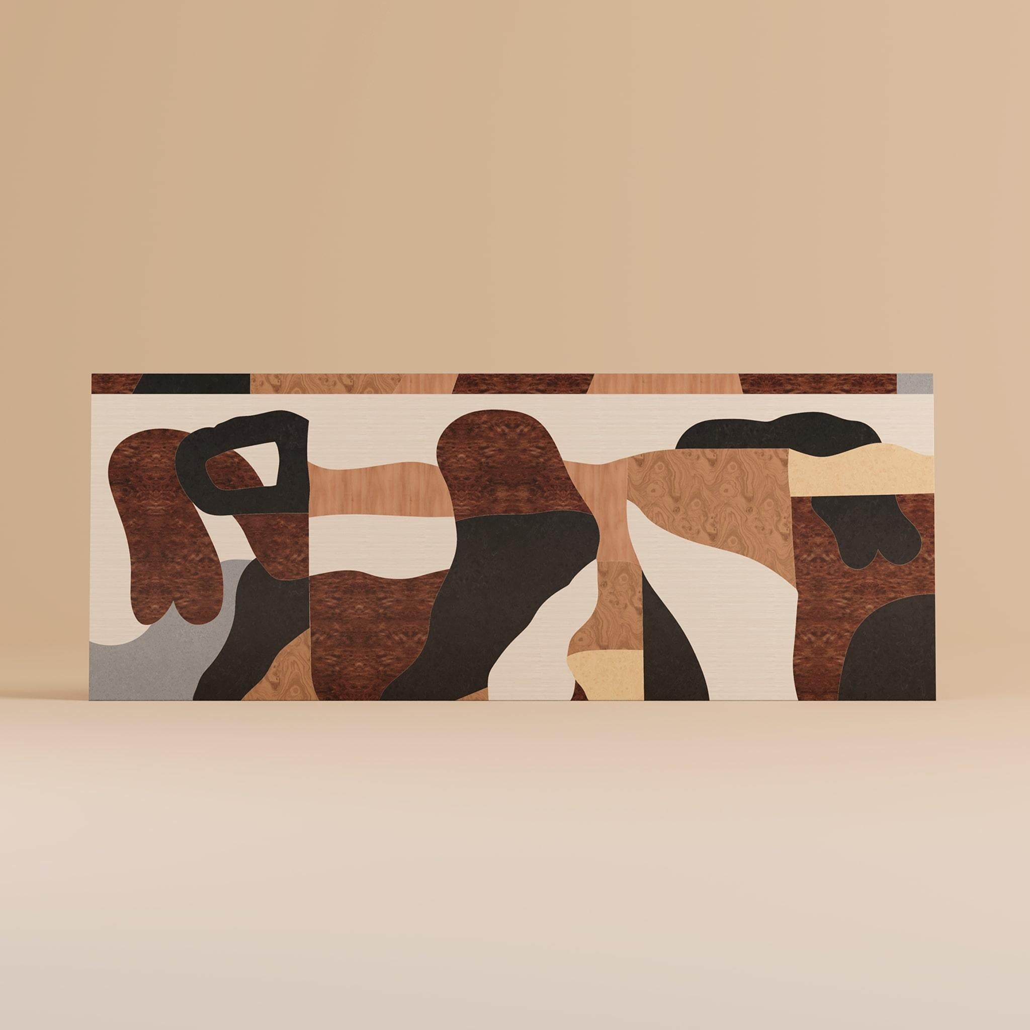 Contemporary Queen Bed Mid-Century Abstract Headboard Pattern Wood Marquetry (Portugiesisch) im Angebot