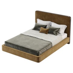 American Queen Size Bed Offered in Velvet, Wood Veneer and Metal Details