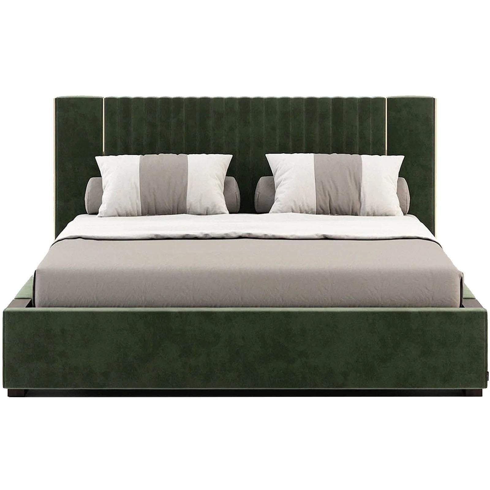 American Queen Size Bed in Custom Velvet Upholstery and Metallic Details For Sale at 1stDibs