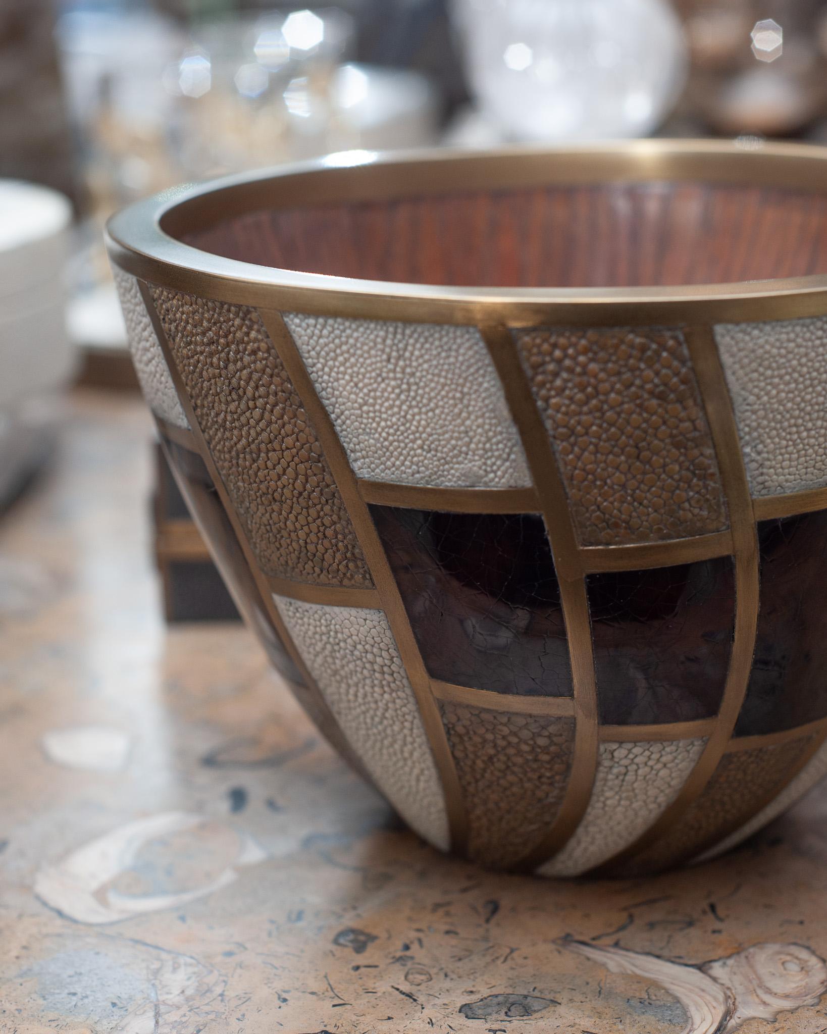 Inlay Contemporary R & Y Augousti Bowl with Inlaid Shagreen, Penshell and Brass For Sale