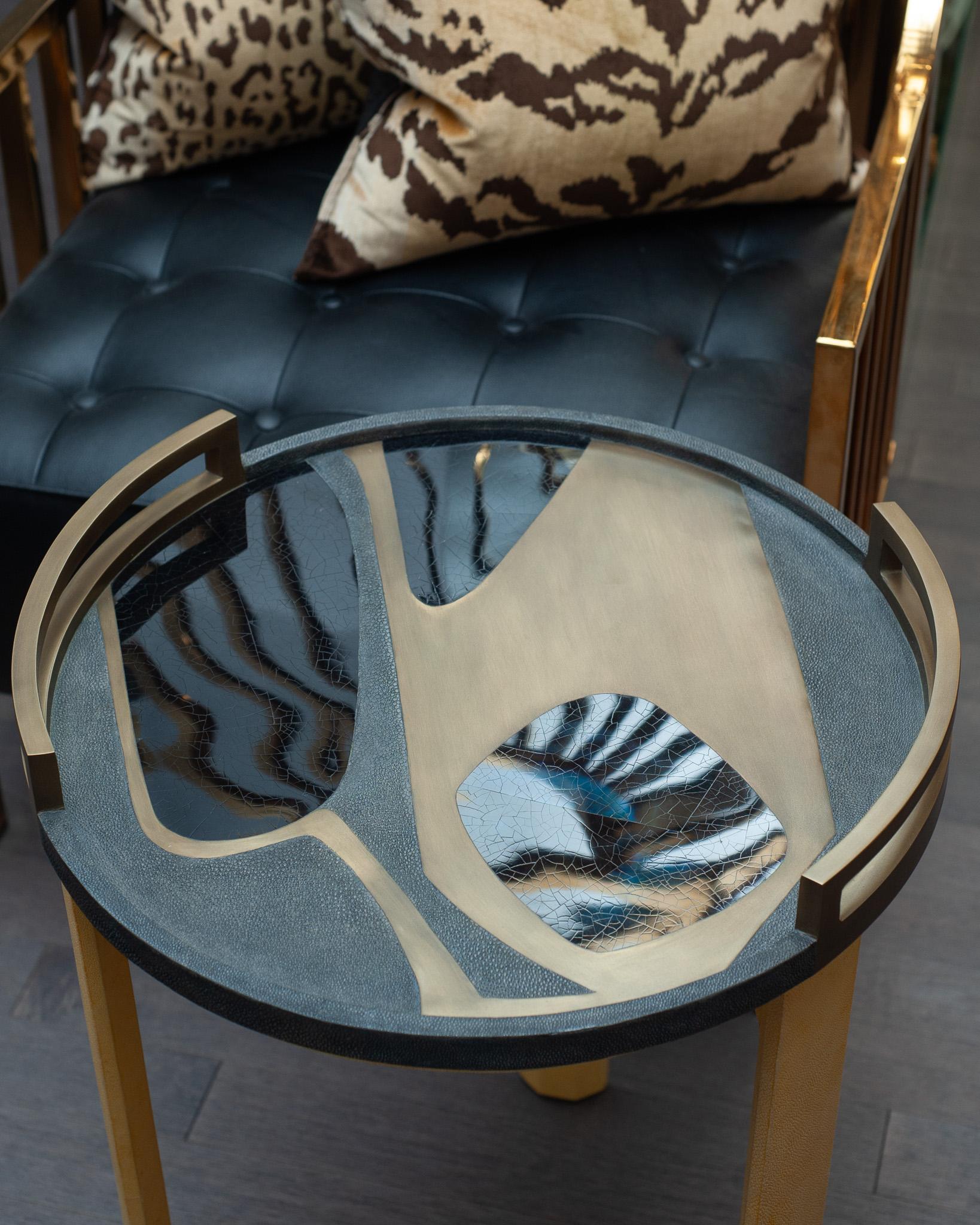In stock now - A stunning and magnificently made R & Y Augousti large circular serving tray, with brass, grey shagreen, blue penshell and black penshell inlay. Expertly crafted, this large tray is a perfect accessory for serving and is as beautiful
