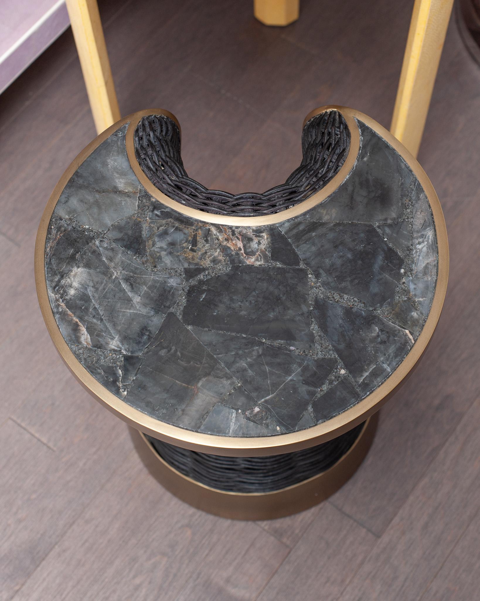 Philippine Contemporary R & Y Augousti Rattan, Black Quartz, and Patinated Brass Side Table For Sale