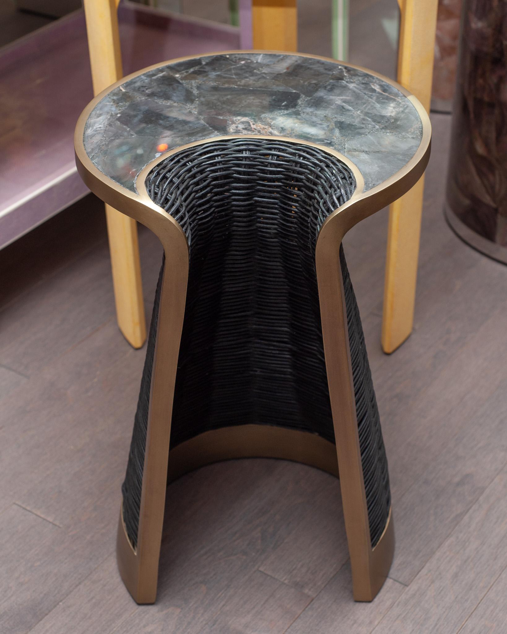 Contemporary R & Y Augousti Rattan, Black Quartz, and Patinated Brass Side Table In New Condition For Sale In Toronto, ON