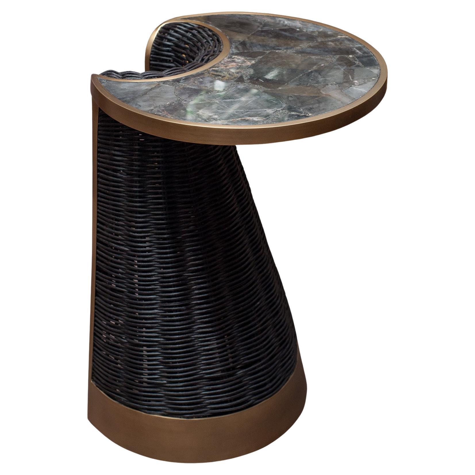 Contemporary R & Y Augousti Rattan, Black Quartz, and Patinated Brass Side Table For Sale