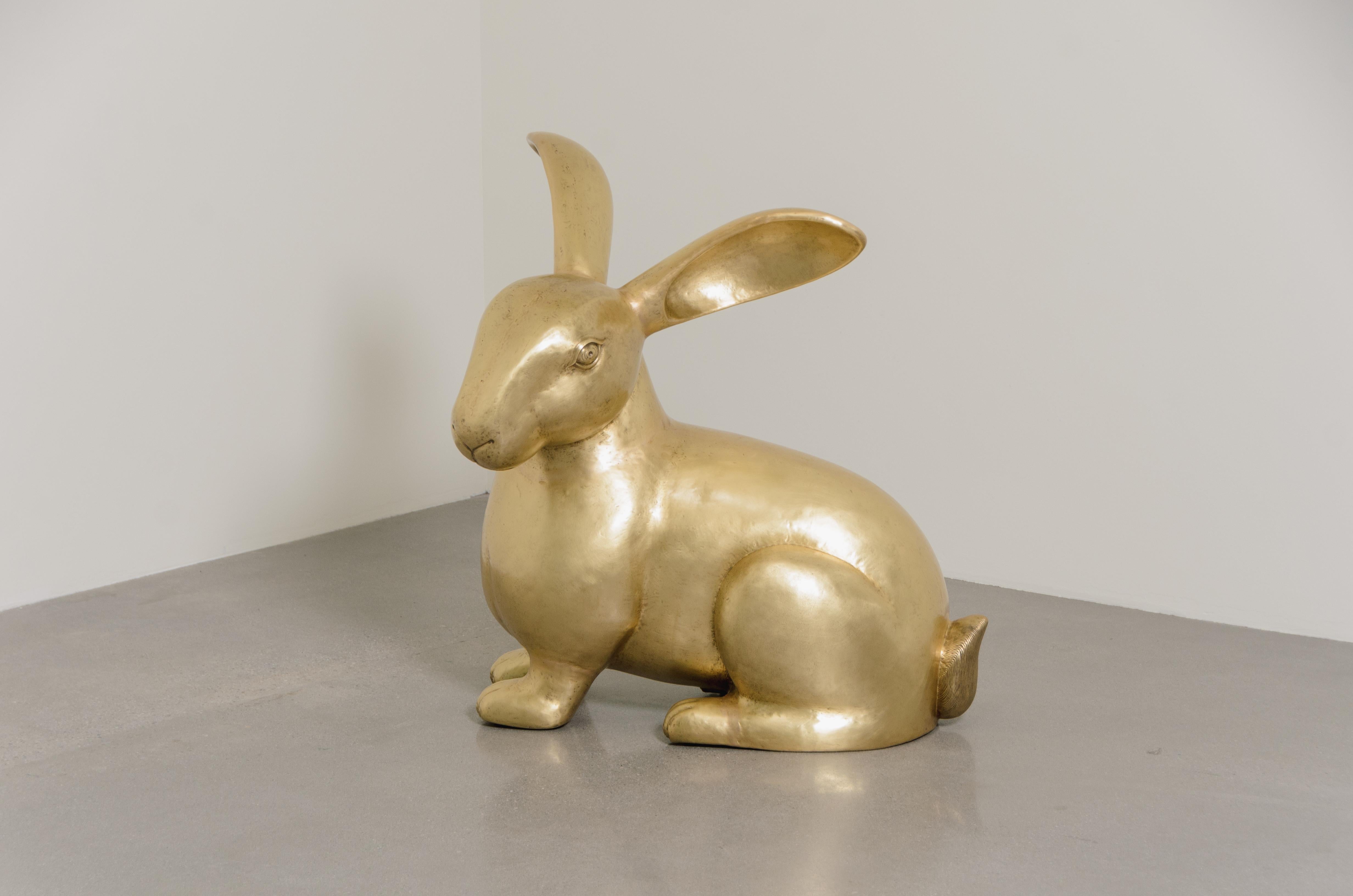 Hammered Contemporary Rabbit Sculpture in Brass by Robert Kuo, Hand Repoussé, Limited For Sale