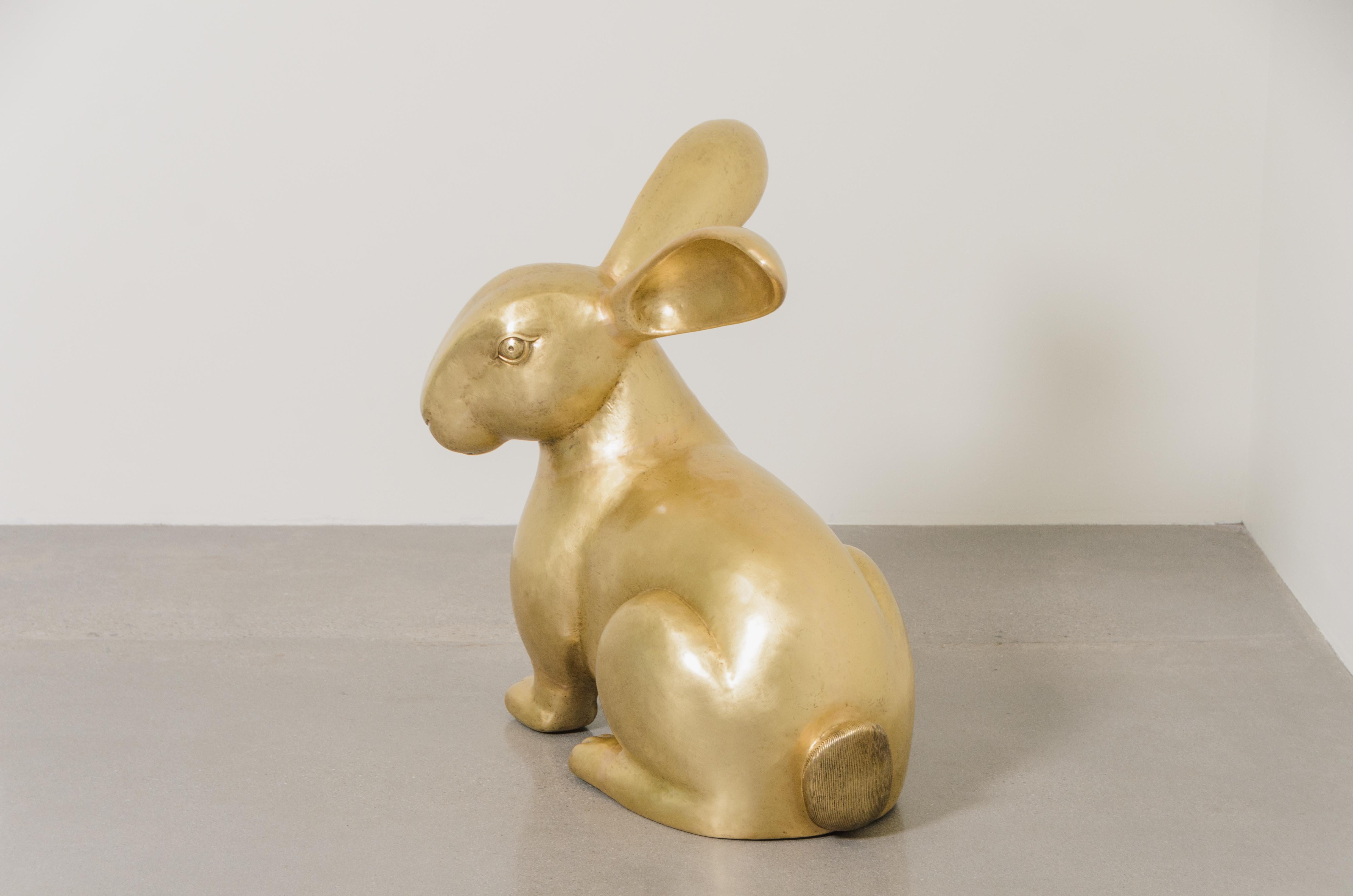 Contemporary Rabbit Sculpture in Brass by Robert Kuo, Hand Repoussé, Limited In New Condition For Sale In Los Angeles, CA