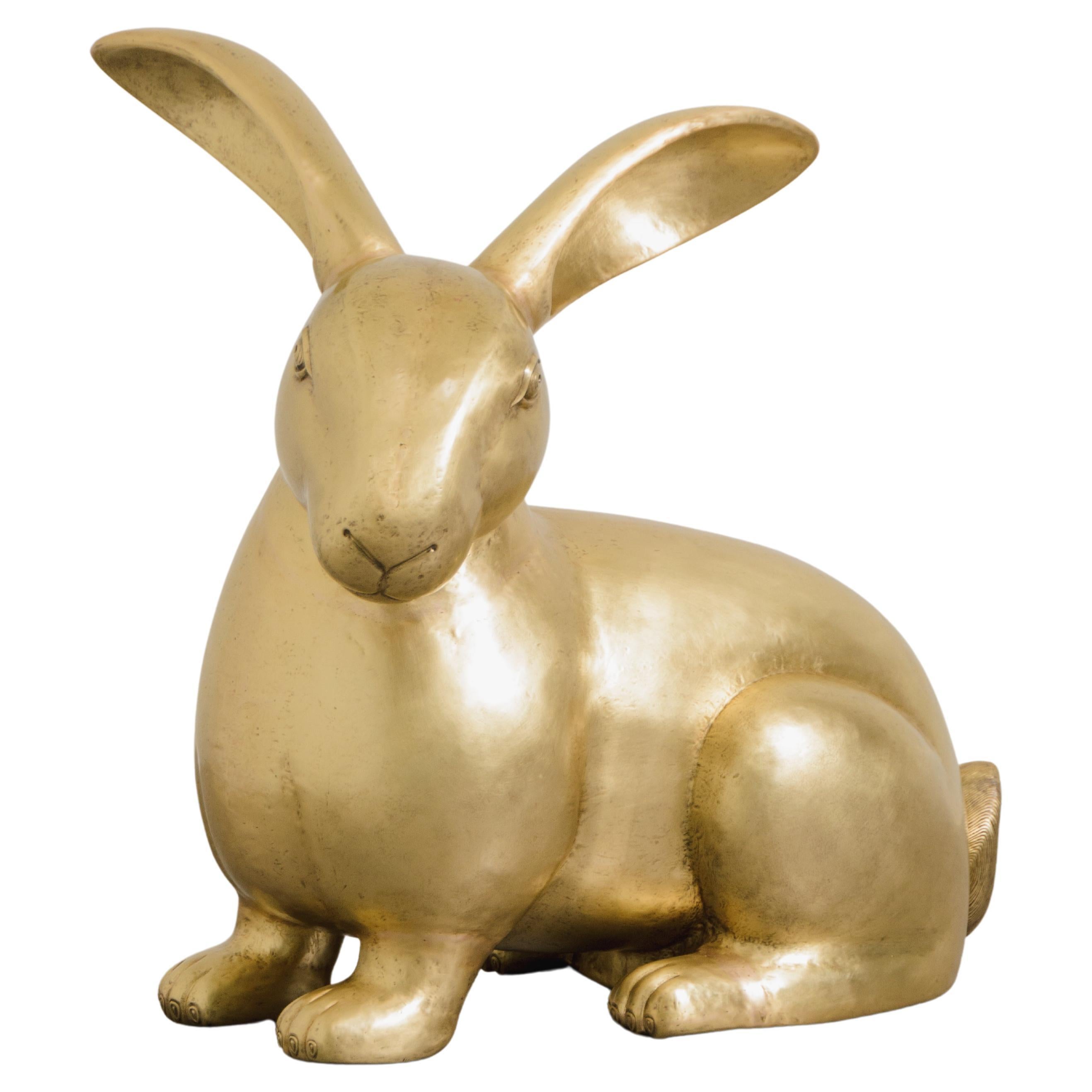 Contemporary Rabbit Sculpture in Brass by Robert Kuo, Hand Repoussé, Limited For Sale