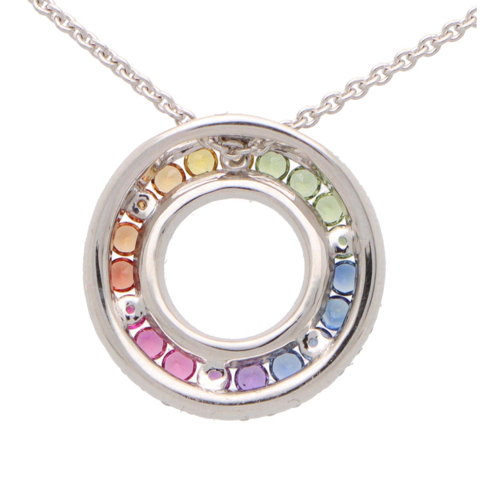 Round Cut Contemporary Rainbow Sapphire and Diamond Circle Pendant in 18k White Gold For Sale