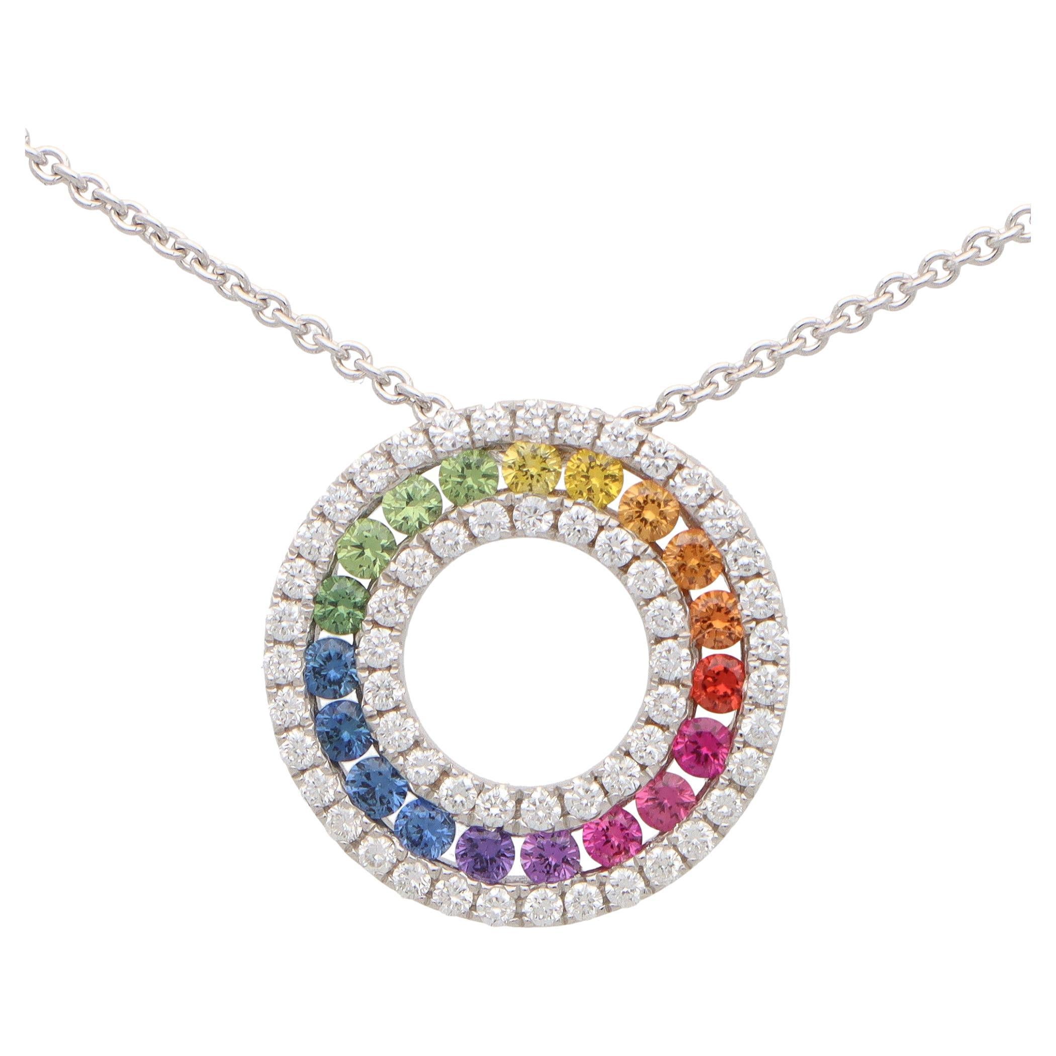 Contemporary Rainbow Sapphire and Diamond Circle Pendant in 18k White Gold