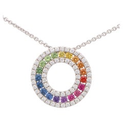 Contemporary Rainbow Sapphire and Diamond Circle Pendant in 18k White Gold