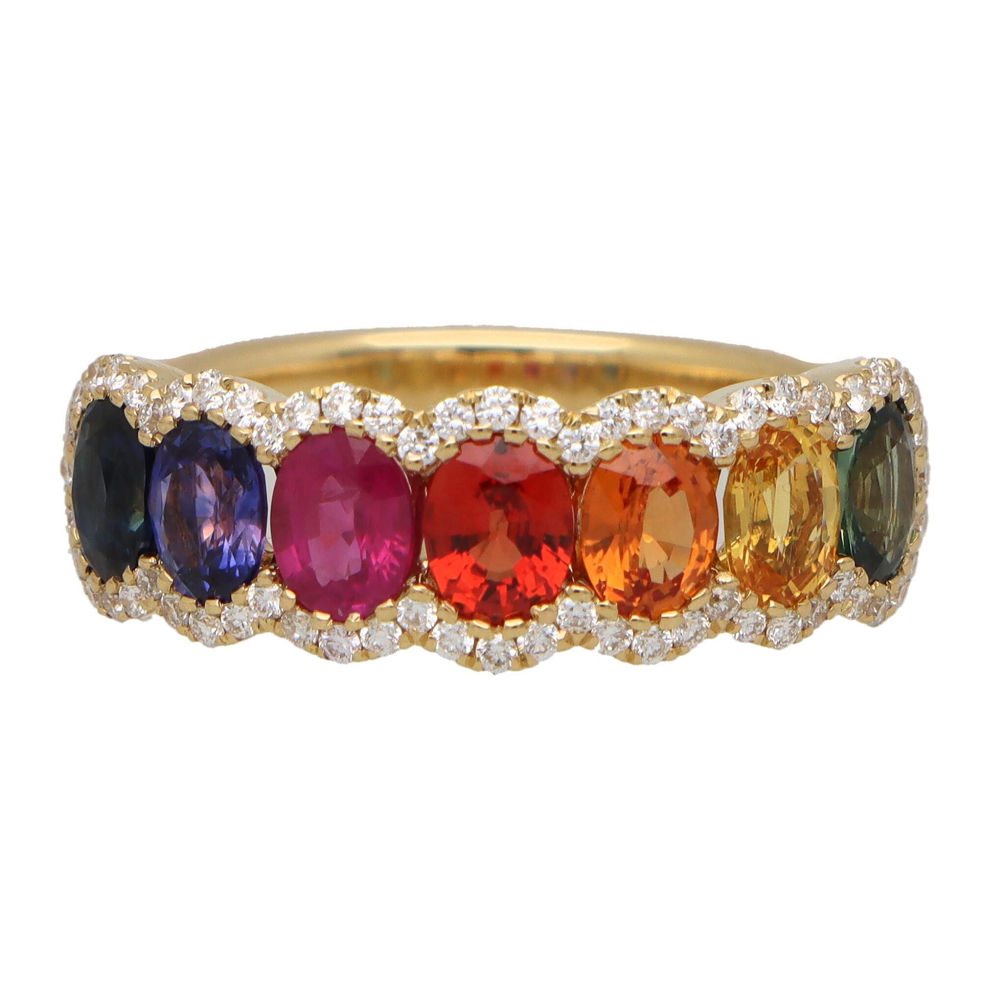 Oval Cut Contemporary Rainbow Sapphire and Diamond Half Eternity in 18k Yellow Gold For Sale