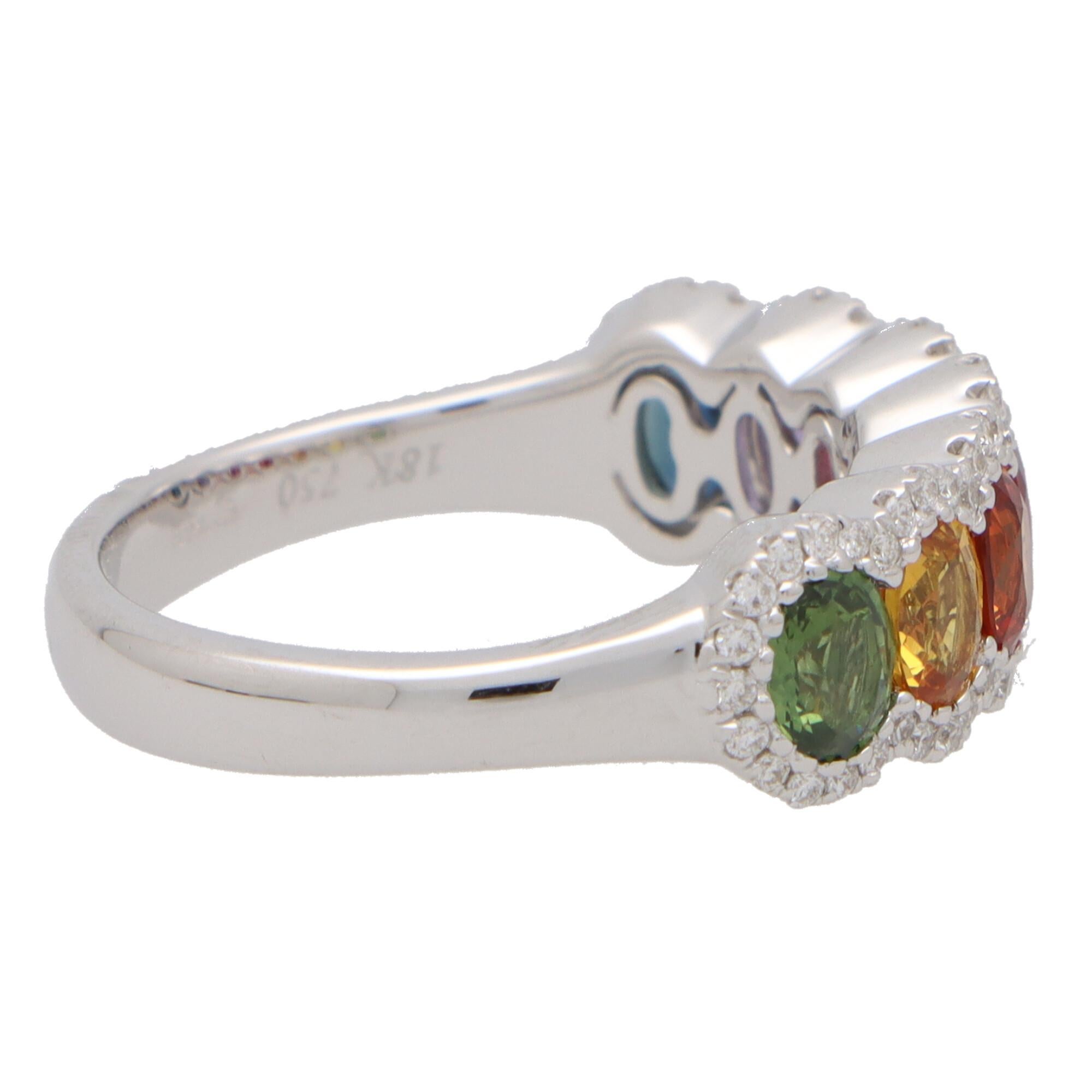 Modern Contemporary Rainbow Sapphire and Diamond Half Eternity Ring in 18k White Gold