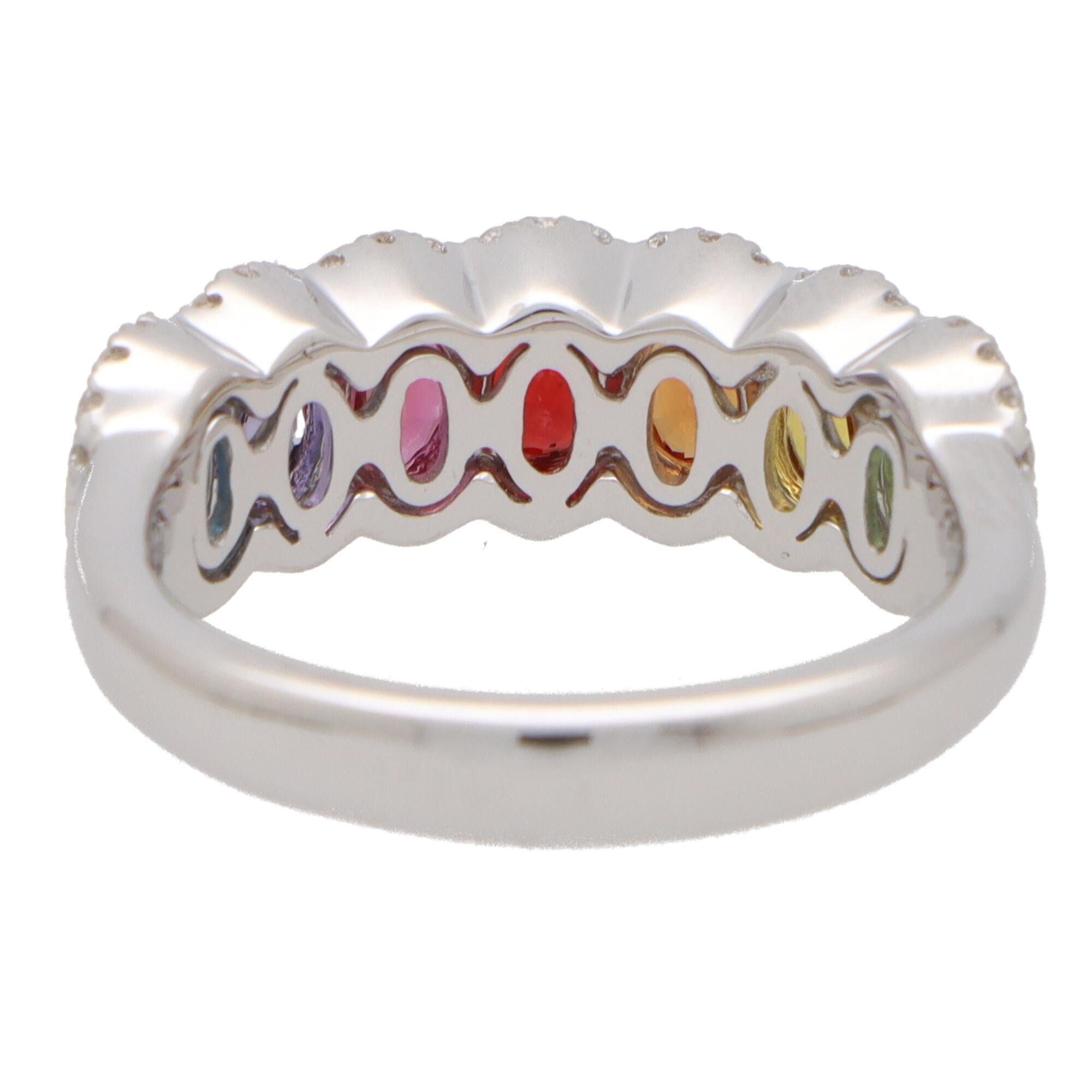 Oval Cut Contemporary Rainbow Sapphire and Diamond Half Eternity Ring in 18k White Gold