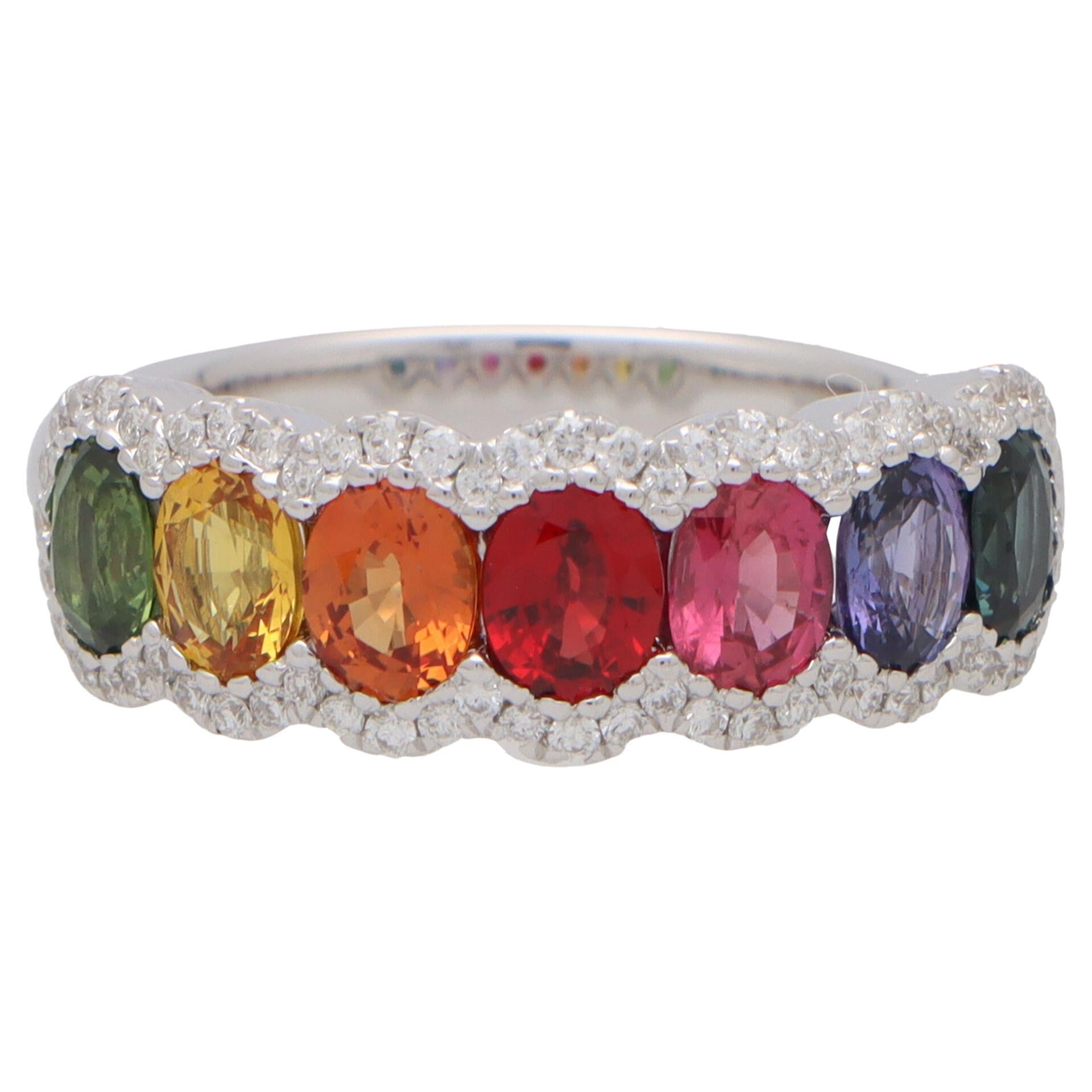 Contemporary Rainbow Sapphire and Diamond Half Eternity Ring in 18k White Gold
