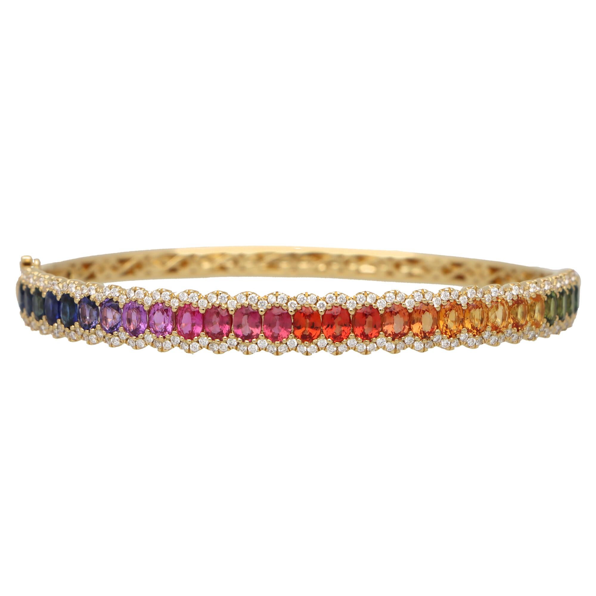 Women's or Men's Contemporary Rainbow Sapphire and Diamond Hinged Bangle Set in 18k Yellow Gold