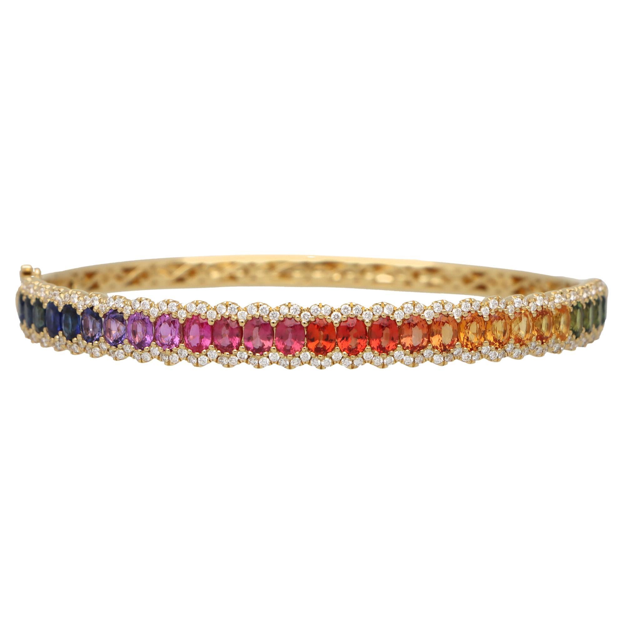 Contemporary Rainbow Sapphire and Diamond Hinged Bangle Set in 18k Yellow Gold