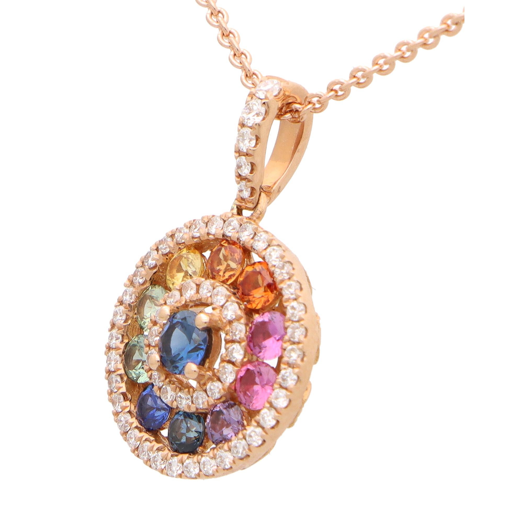 Round Cut Contemporary Rainbow Sapphire and Diamond Pendant Set in 18k Rose Gold