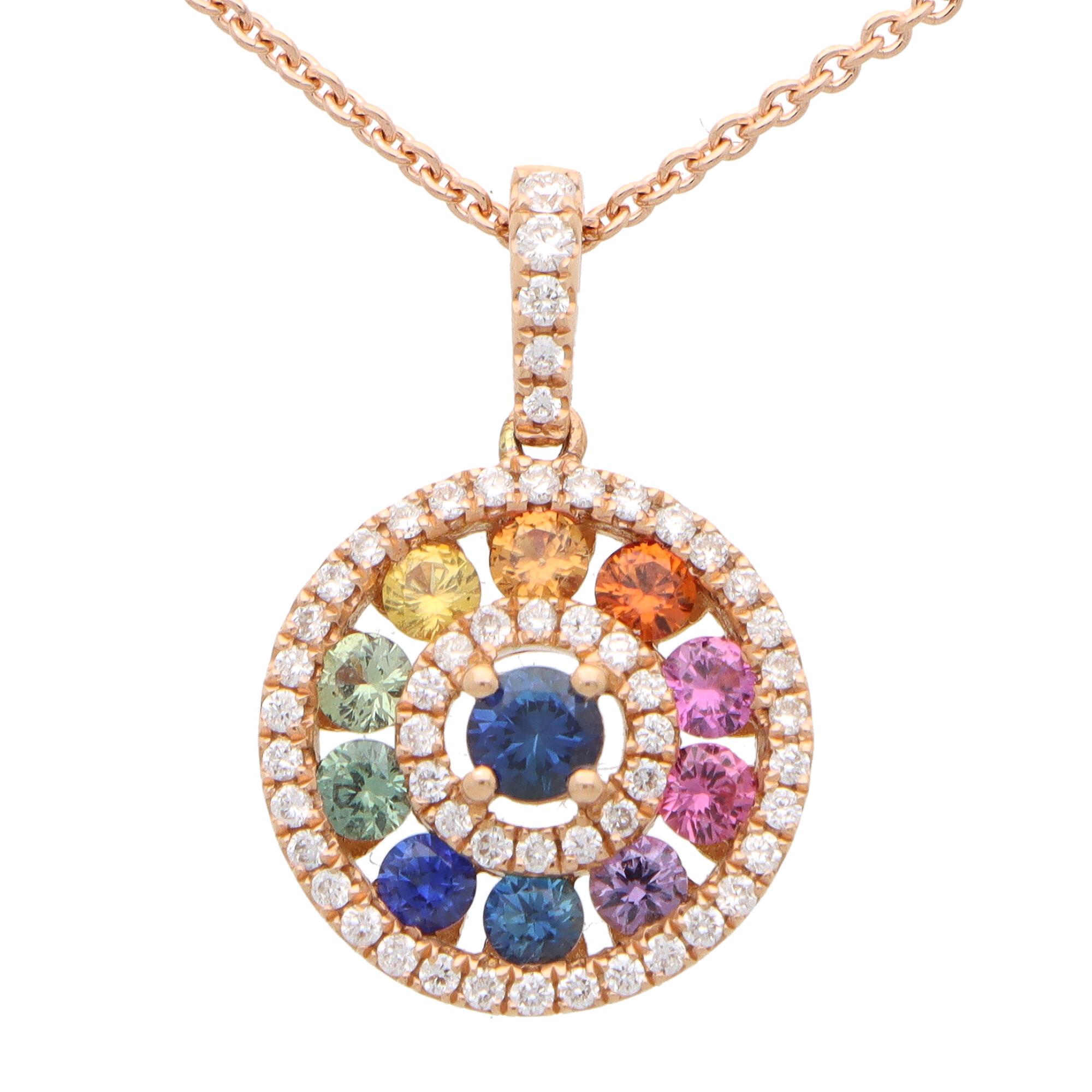 Contemporary Rainbow Sapphire and Diamond Pendant Set in 18k Rose Gold In Good Condition In London, GB