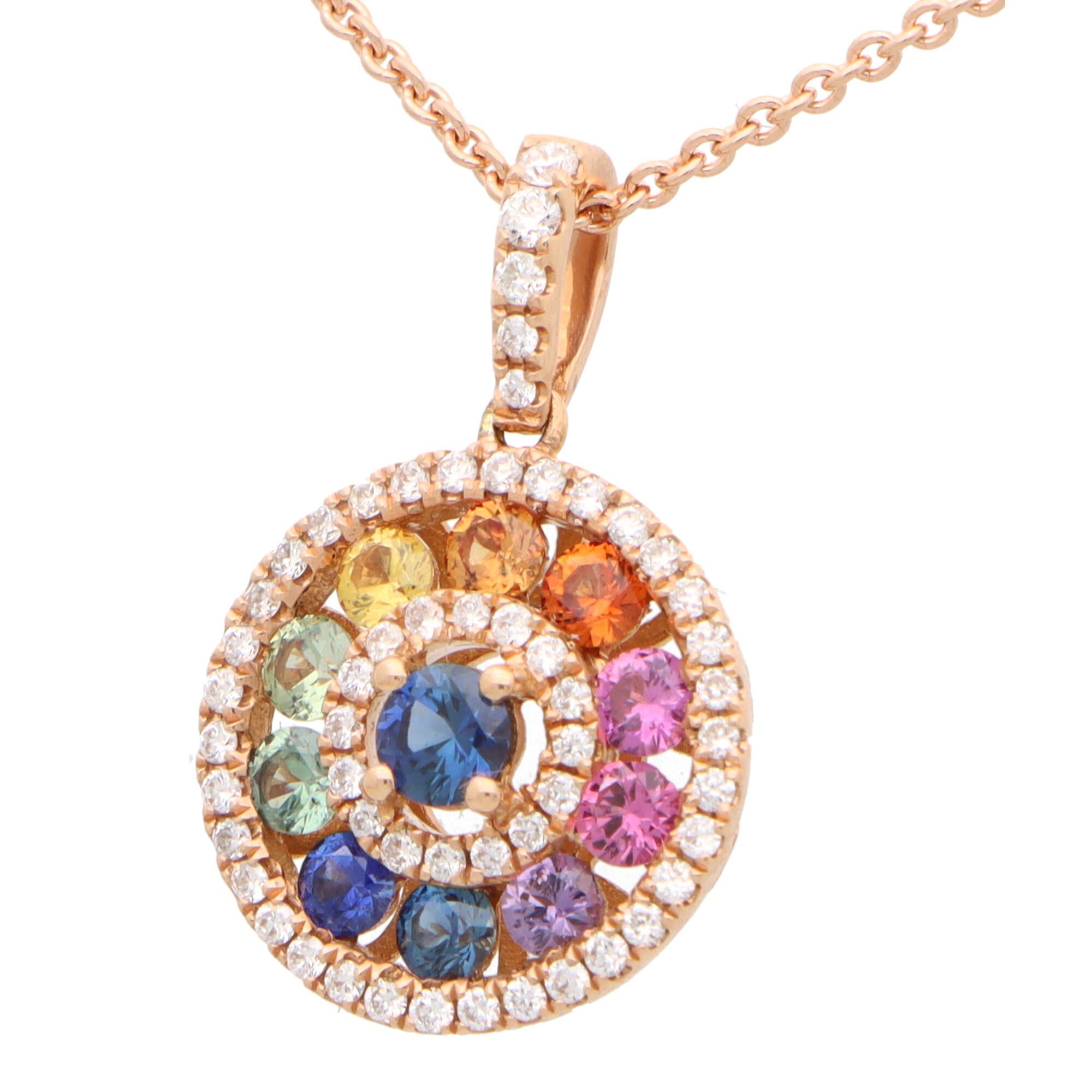 Women's or Men's Contemporary Rainbow Sapphire and Diamond Pendant Set in 18k Rose Gold