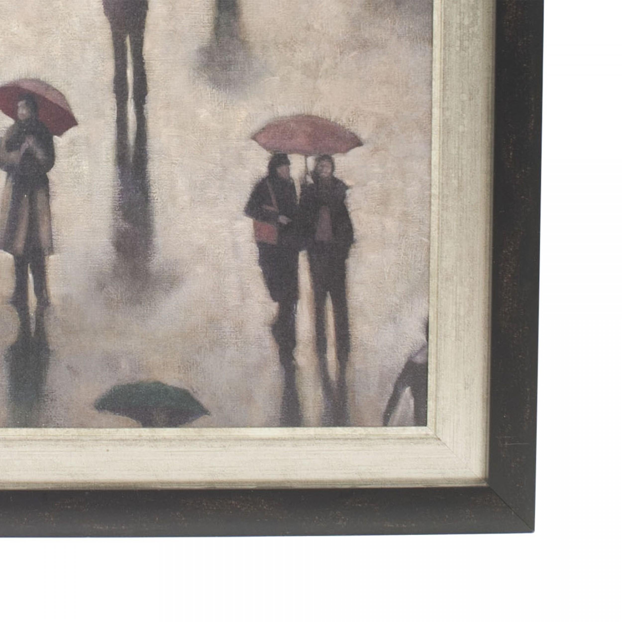 Pintura al óleo contemporánea de una escena callejera lluviosa en un marco de madera negro