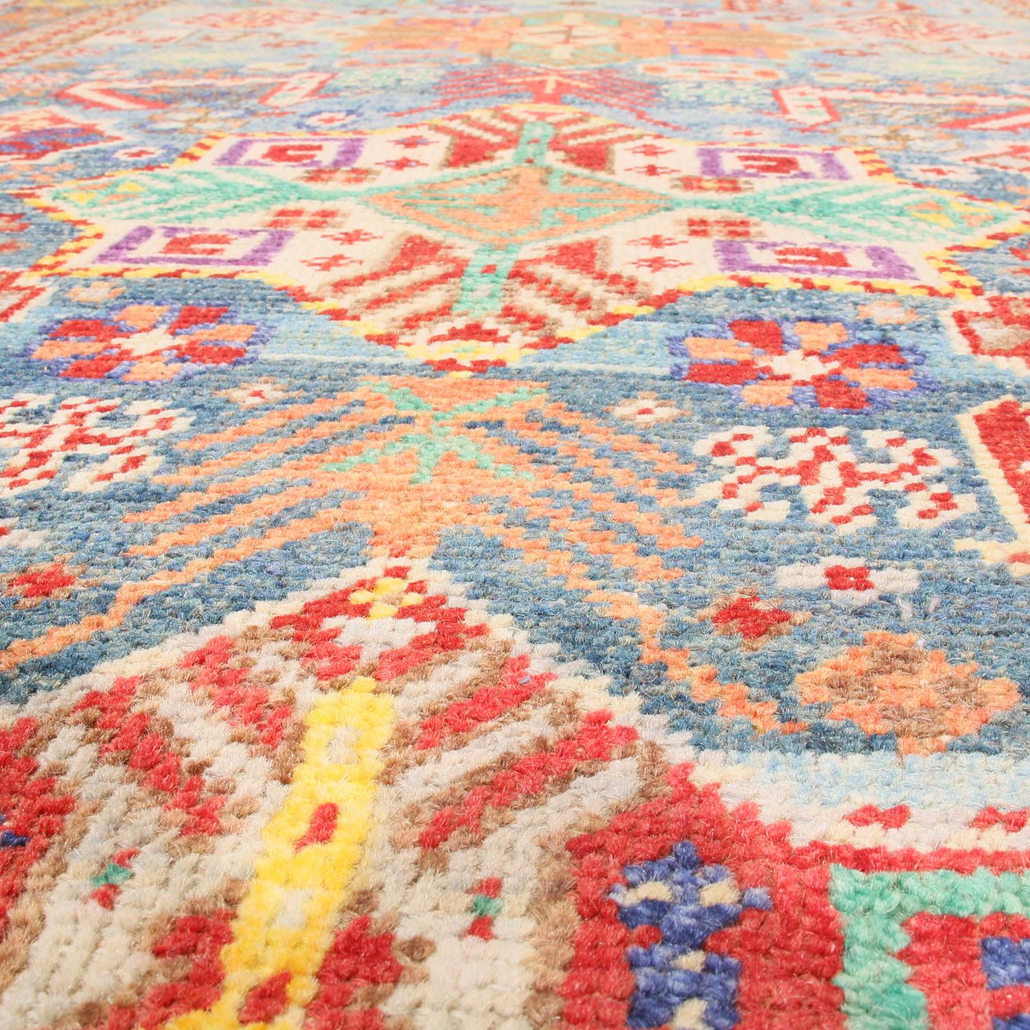 Hand-Knotted Contemporary Rajasthan Tribal Red and Blue Multi-Color Wool Rug