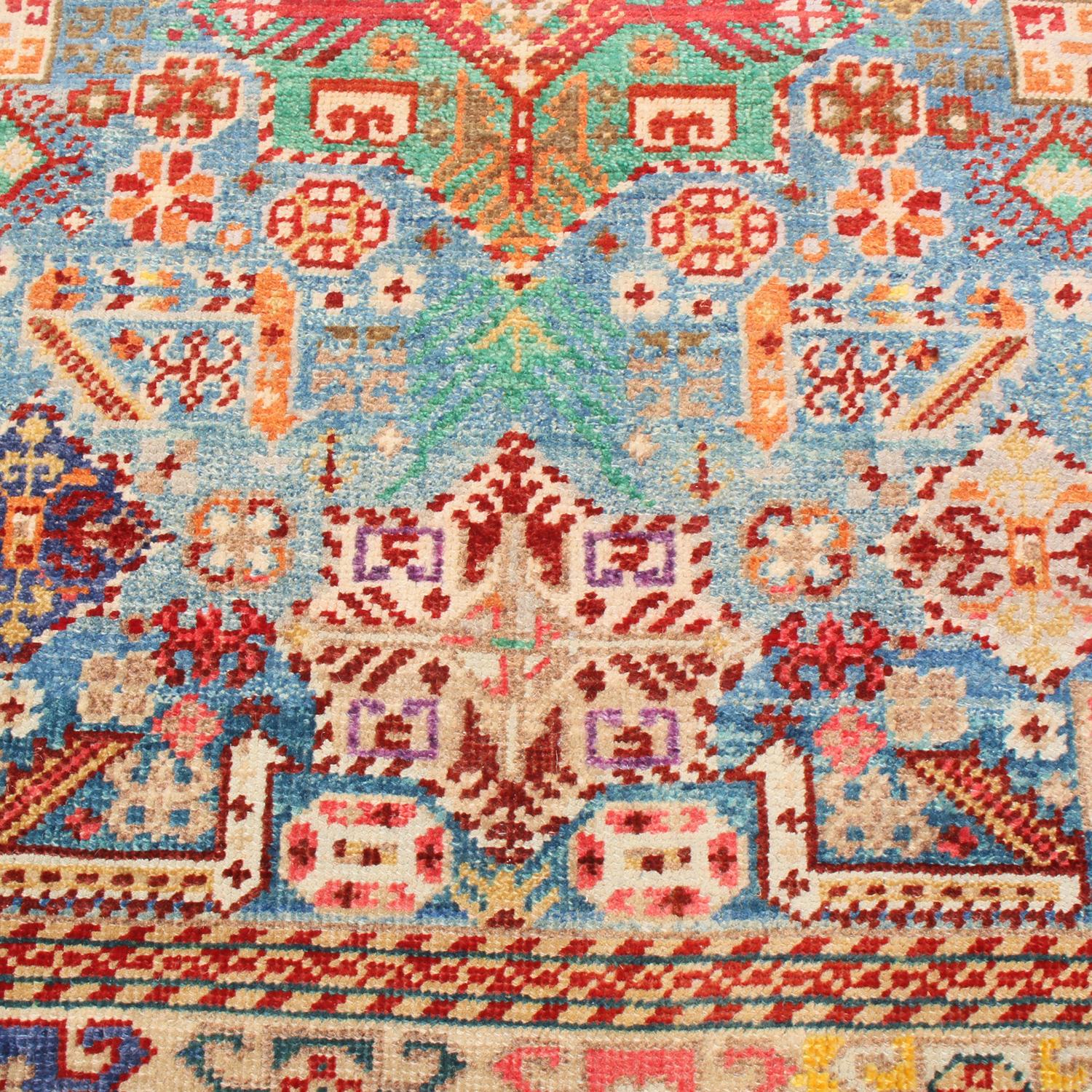 Contemporary Rajasthan Tribal Red and Blue Multi-Color Wool Rug In New Condition In Long Island City, NY