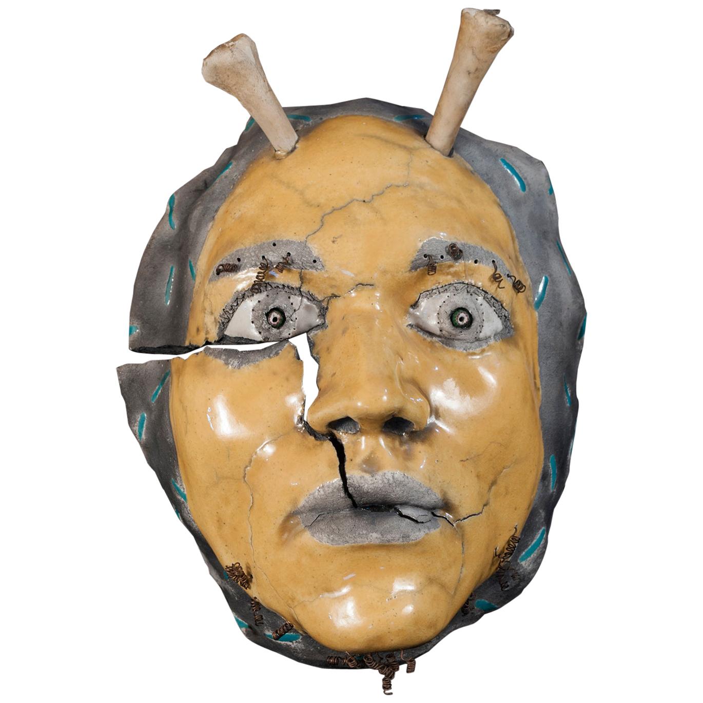 Contemporary Raku Ceramic Tribal Mask with Antlers by Argon