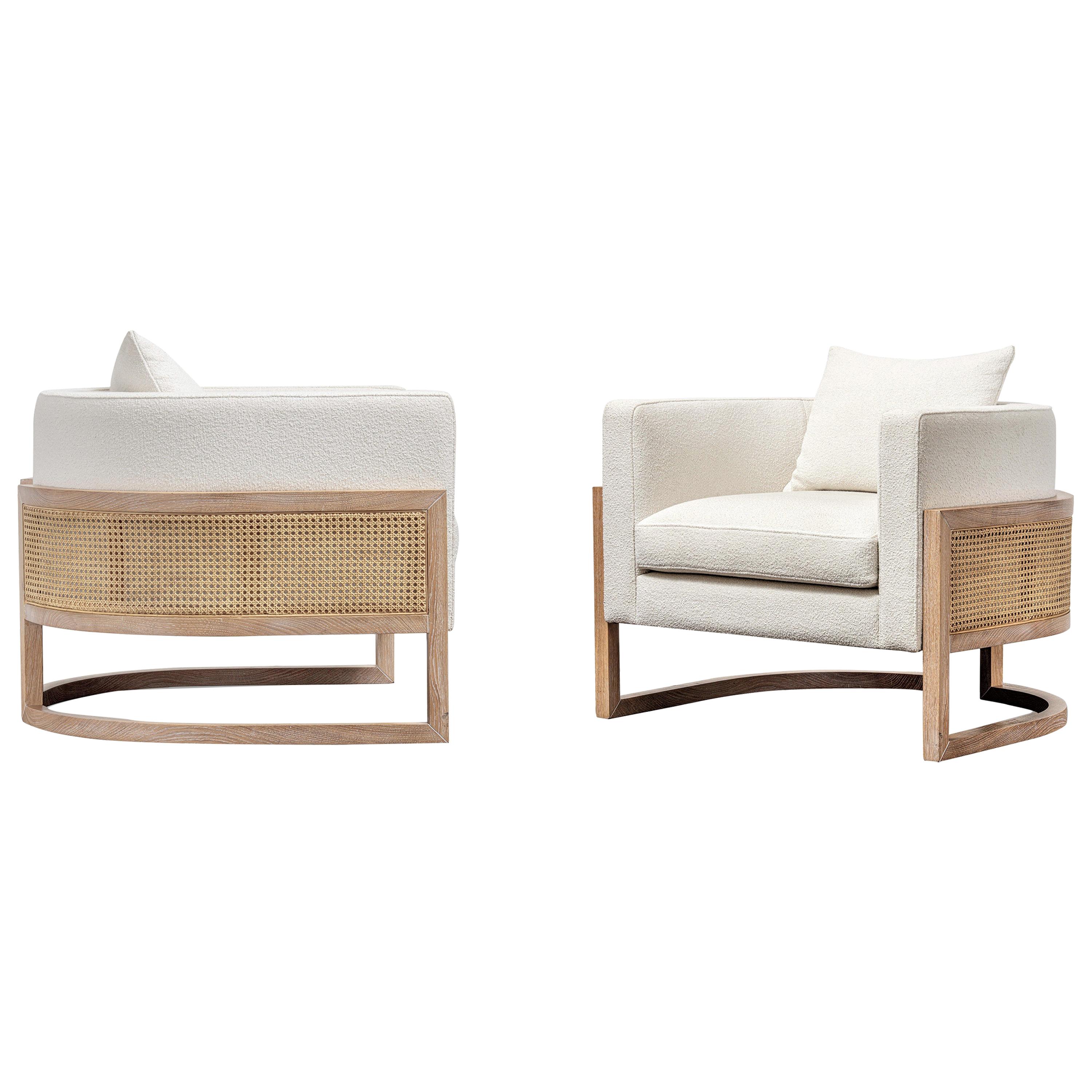 Contemporary Rattan Armchair Set in White Washed Solid Oak For Sale