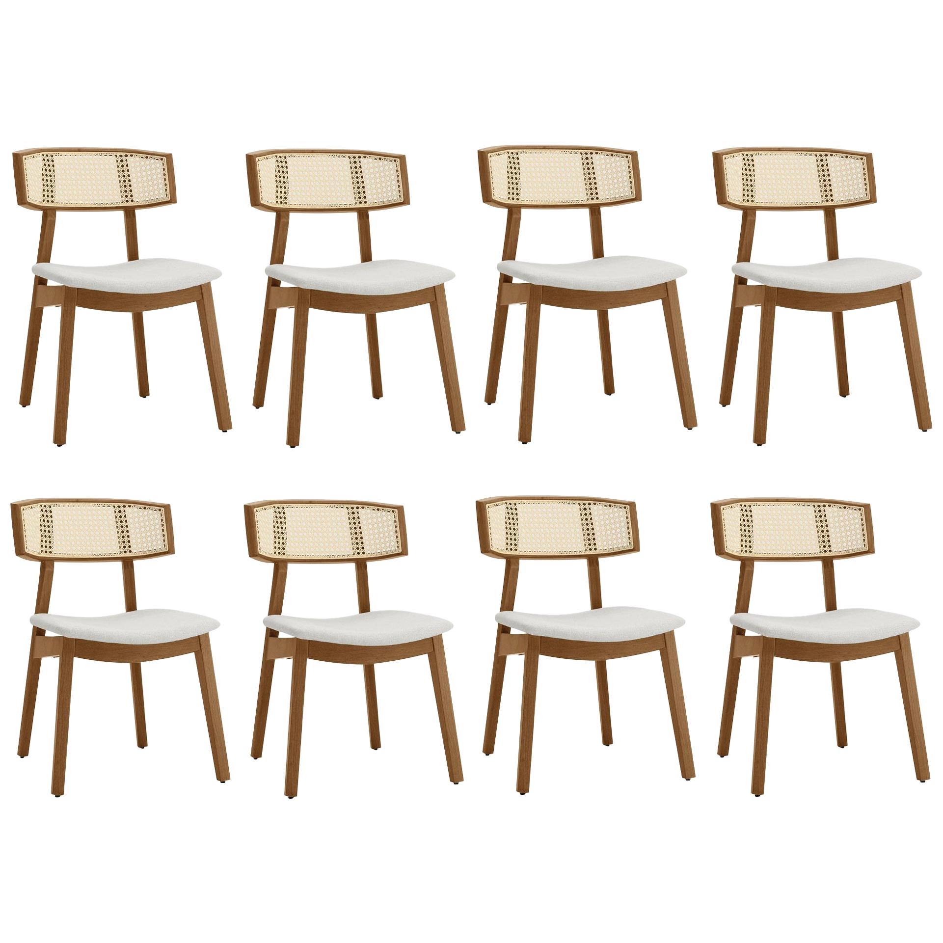 Contemporary Rattan Dining Chair Set of 8, Walnut/Cream Linen