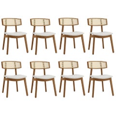 Contemporary Rattan Dining Chair Set of 8, Walnut/Cream Linen