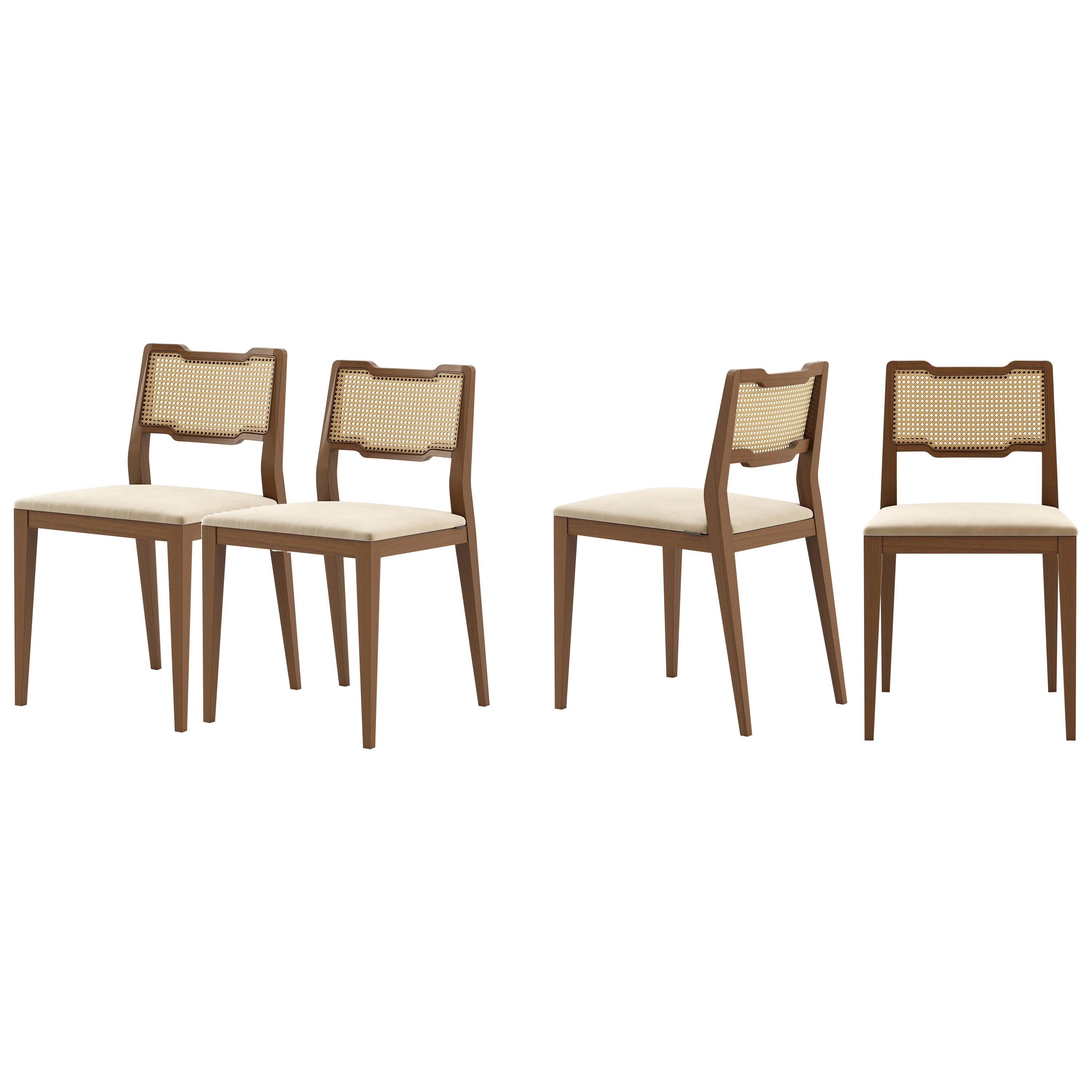 Chaises de salle à manger contemporaines en rotin, finition noyer, lot de 4. en vente