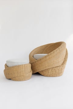 Knotty Contemporary Rattan Indoor-Outdoor Ottoman, Cushion in Sunbrella Fabric