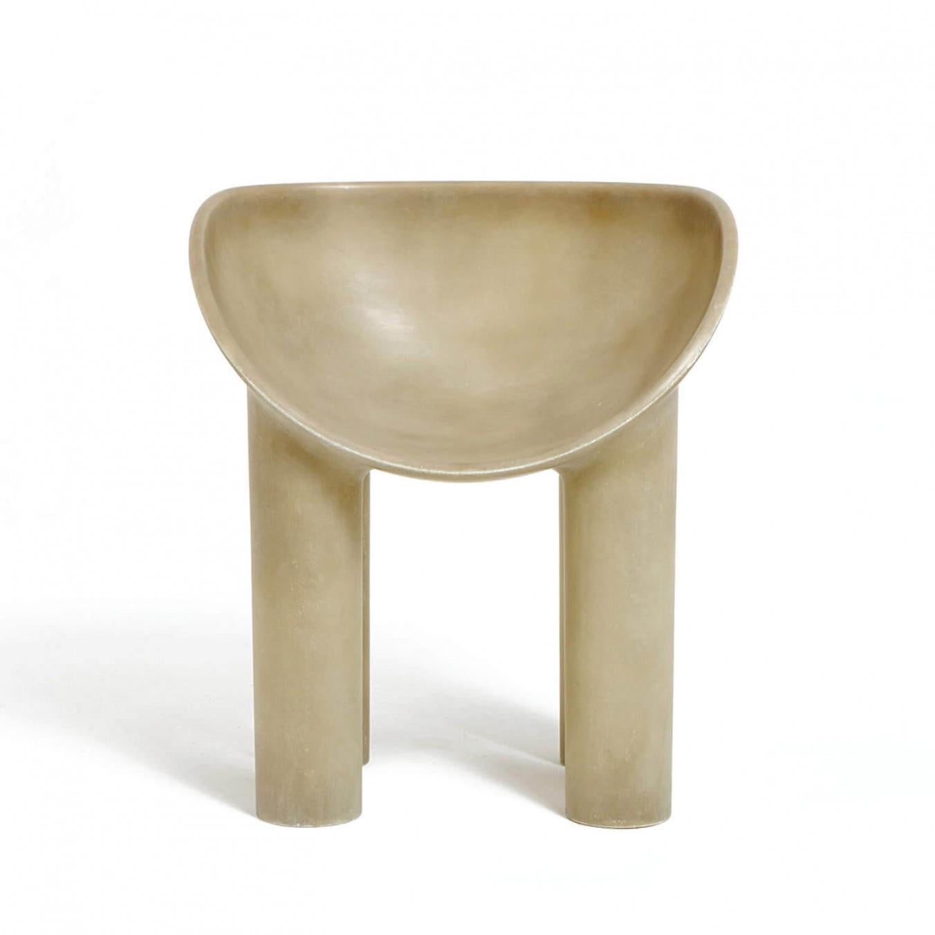 Contemporary fiberglass chair - Roly Poly Dining Chair by Faye Toogood. This is shown in the raw fiberglass finish. 
Design: Faye Toogood
Material: Fiberglass 
Available also in cream or charcoal finish, please contact us.

The Roly Poly chair
