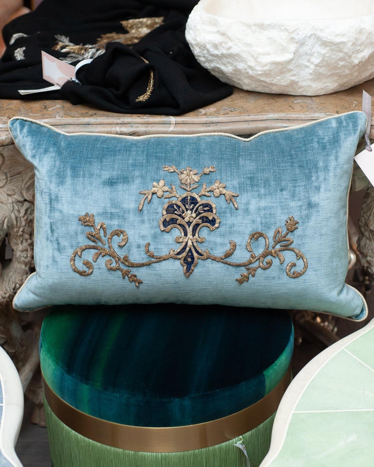 Contemporary Rebecca Vizard Blue Velvet Pillow with Metallic Embroidery For Sale at 1stDibs