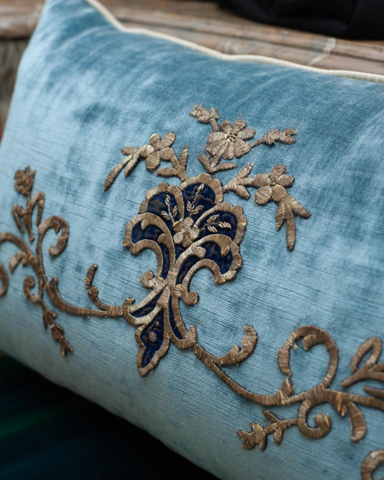 Contemporary Rebecca Vizard Blue Velvet Pillow with Metallic Embroidery For Sale at 1stDibs