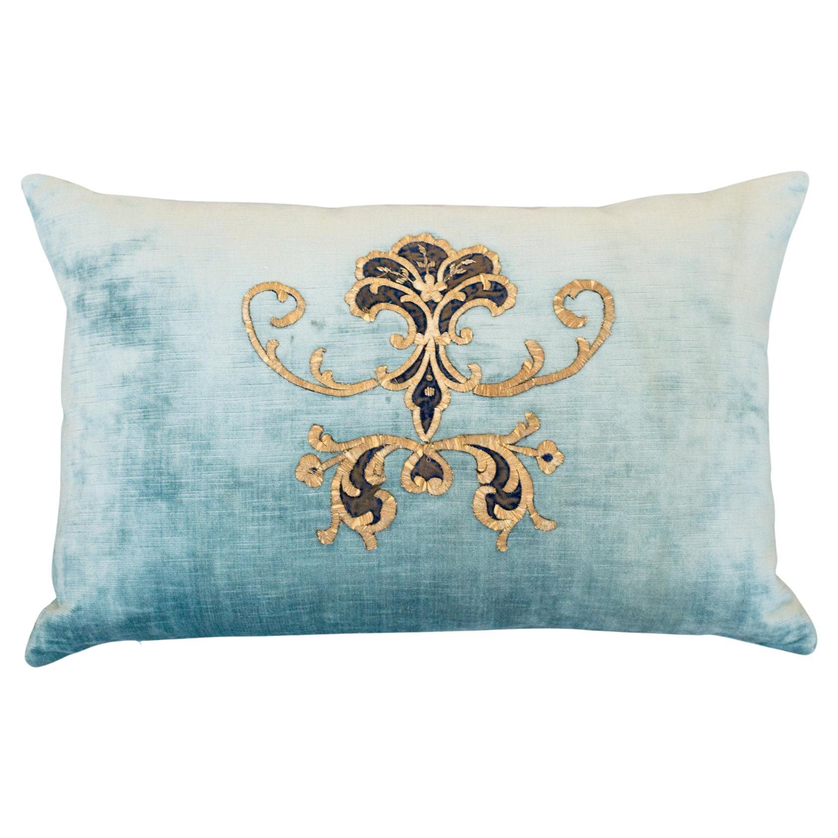 Contemporary Rebecca Vizard Blue Velvet Pillow with Metallic Embroidery