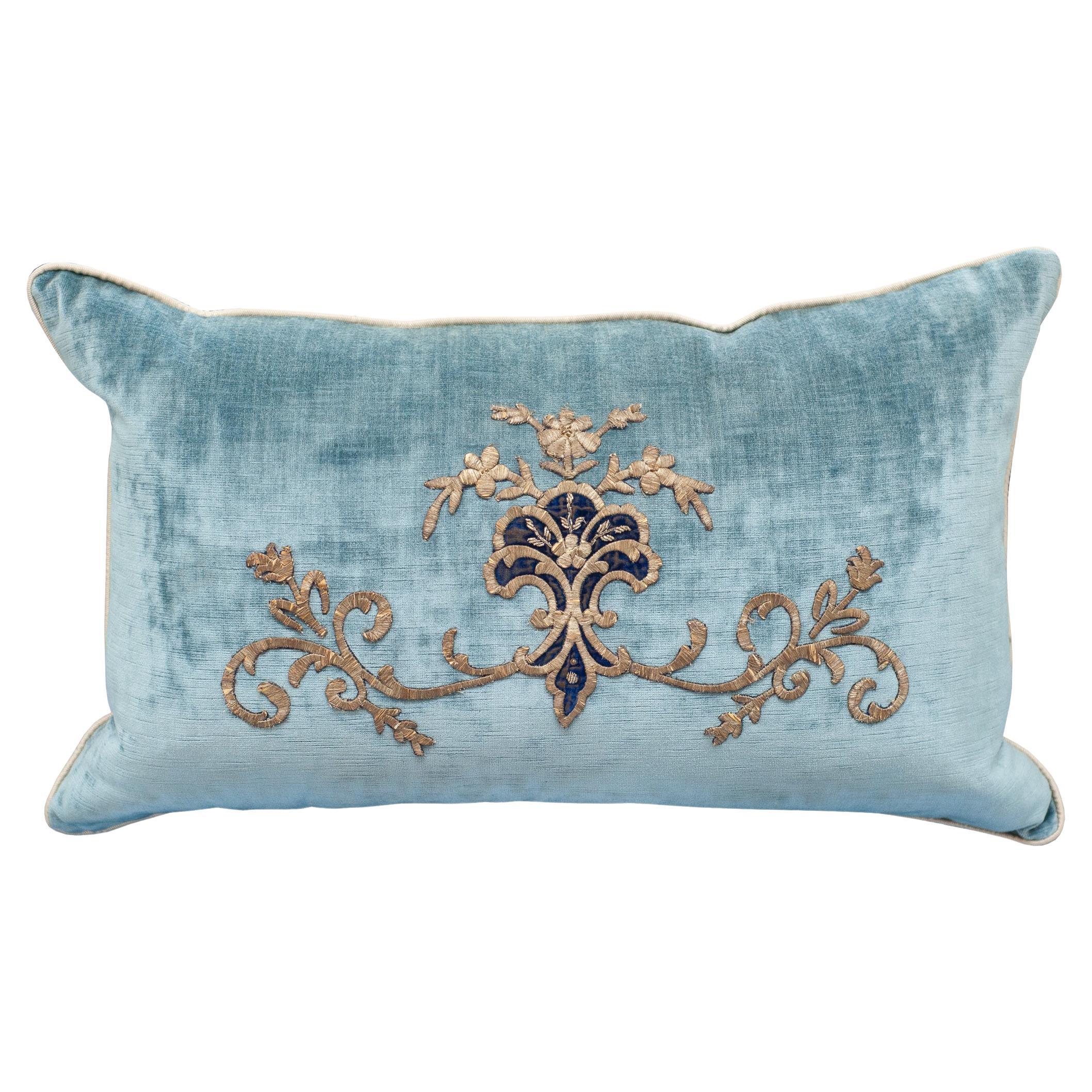 Contemporary Rebecca Vizard Blue Velvet Pillow with Metallic Embroidery