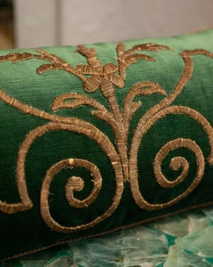 Contemporary Rebecca Vizard Jade Green Velvet Pillow with Metallic Embroidery