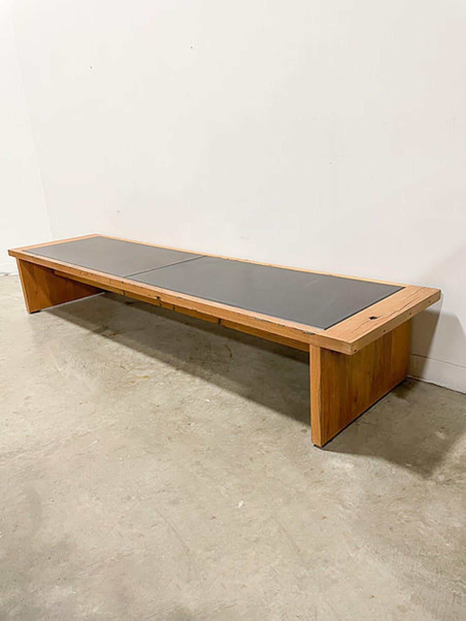 Contemporary Reclaimed Oak and Leather Bench In Good Condition In Kalamazoo, MI